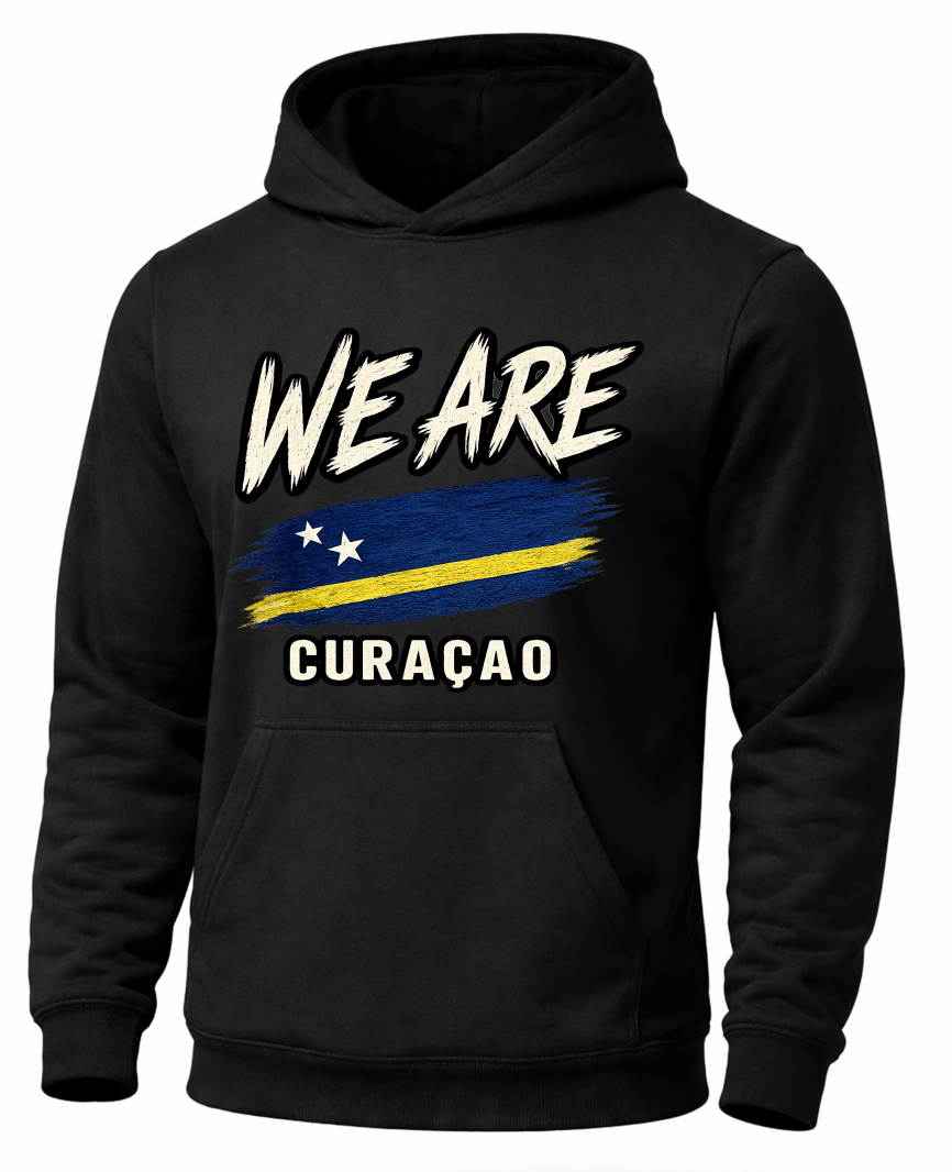 A black pullover hoodie featuring a front graphic with the text 'WE ARE' in white above a stylized blue and yellow flag, and 'CURAÇAO' below it, shown on a plain white background.
