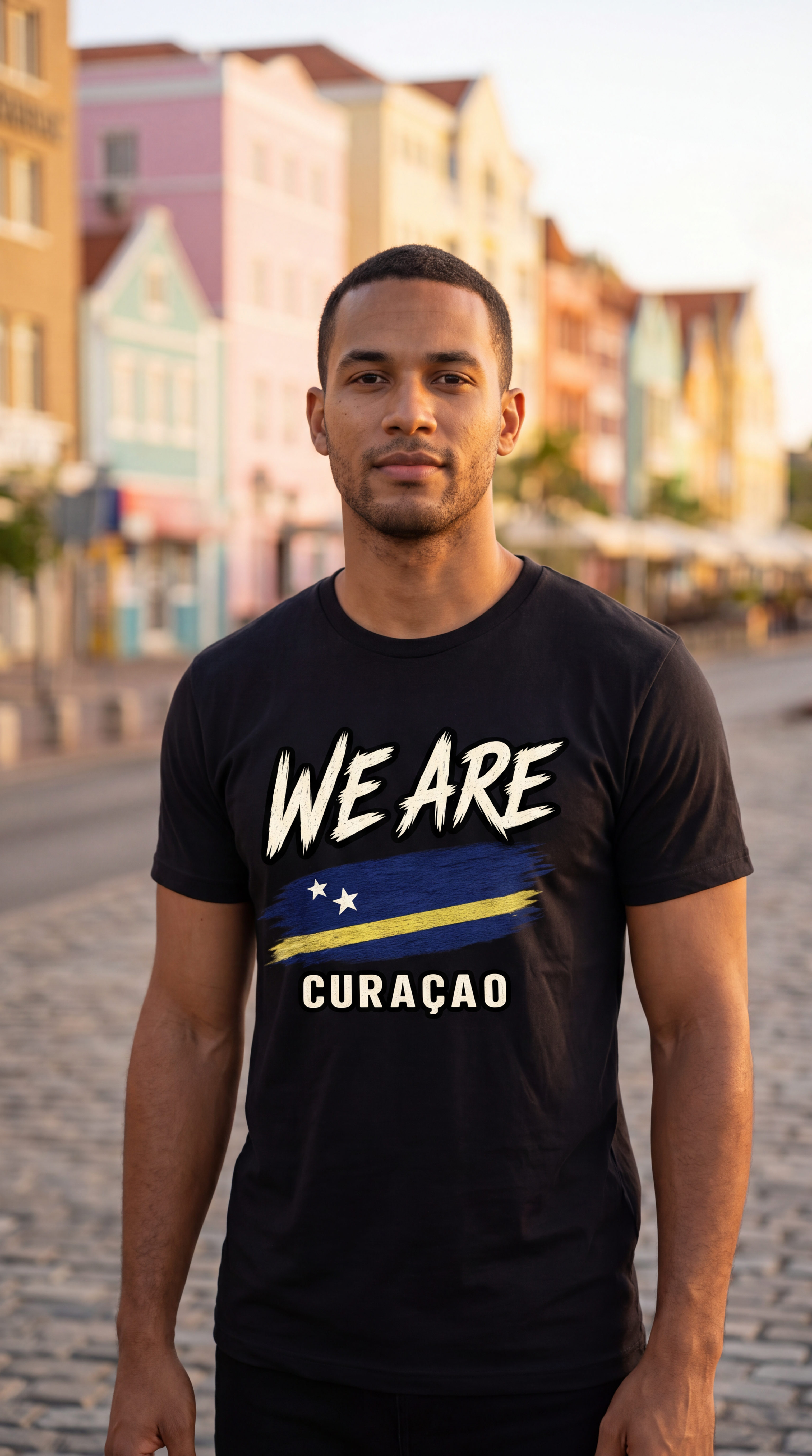 A man wearing a black t-shirt with 'WE ARE CURAÇÃO' and a flag graphic printed on the front, standing on a cobblestone street with colorful buildings in the background.