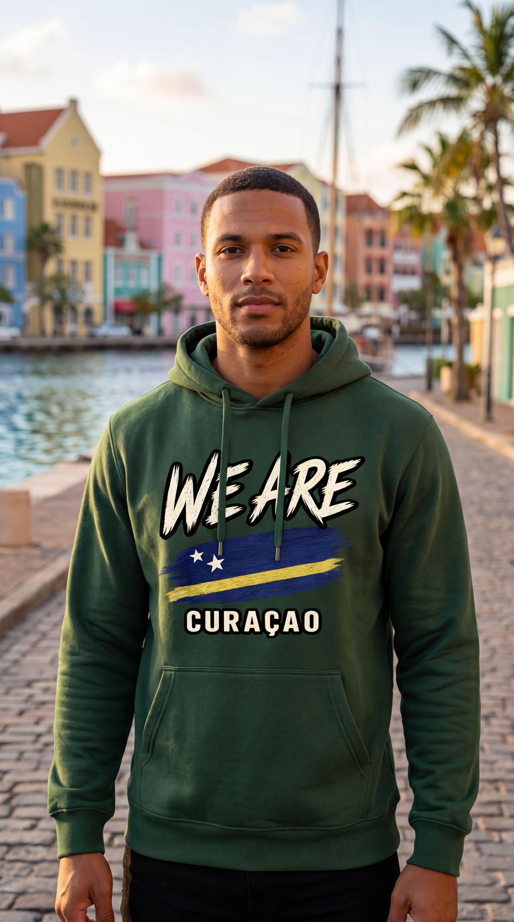 A man wearing a dark green hoodie with 'WE ARE CURAÇAO' and a Venezuelan flag graphic printed on the chest, standing outdoors in front of a colorful waterfront canal with buildings and palm trees.