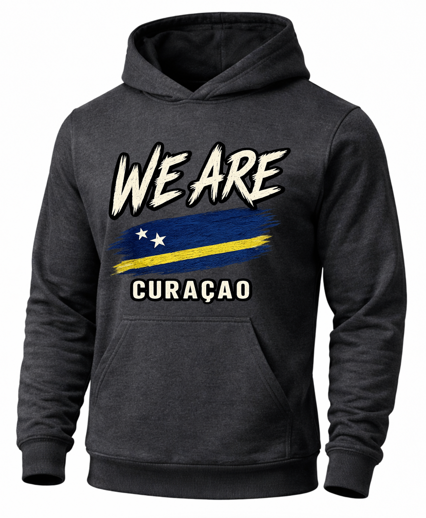 A dark charcoal gray hoodie featuring a graphic print on the front with the text 'WE ARE CURAÇAO' and a stylized blue and yellow flag design with white stars.