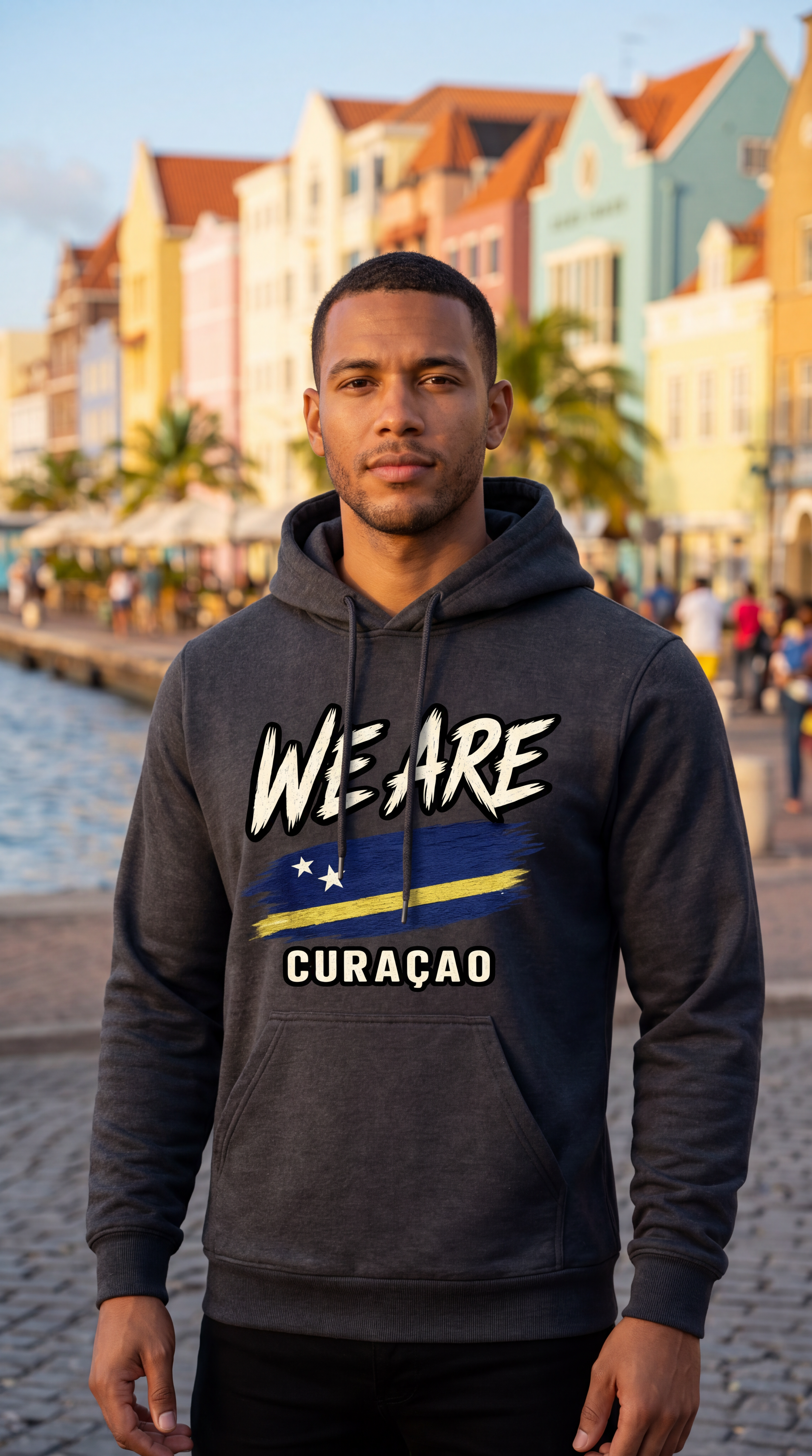 A man wearing a dark gray hoodie with 'WE ARE CURACAO' and a Venezuelan flag graphic printed on the front, standing in front of a colorful waterfront town scene.
