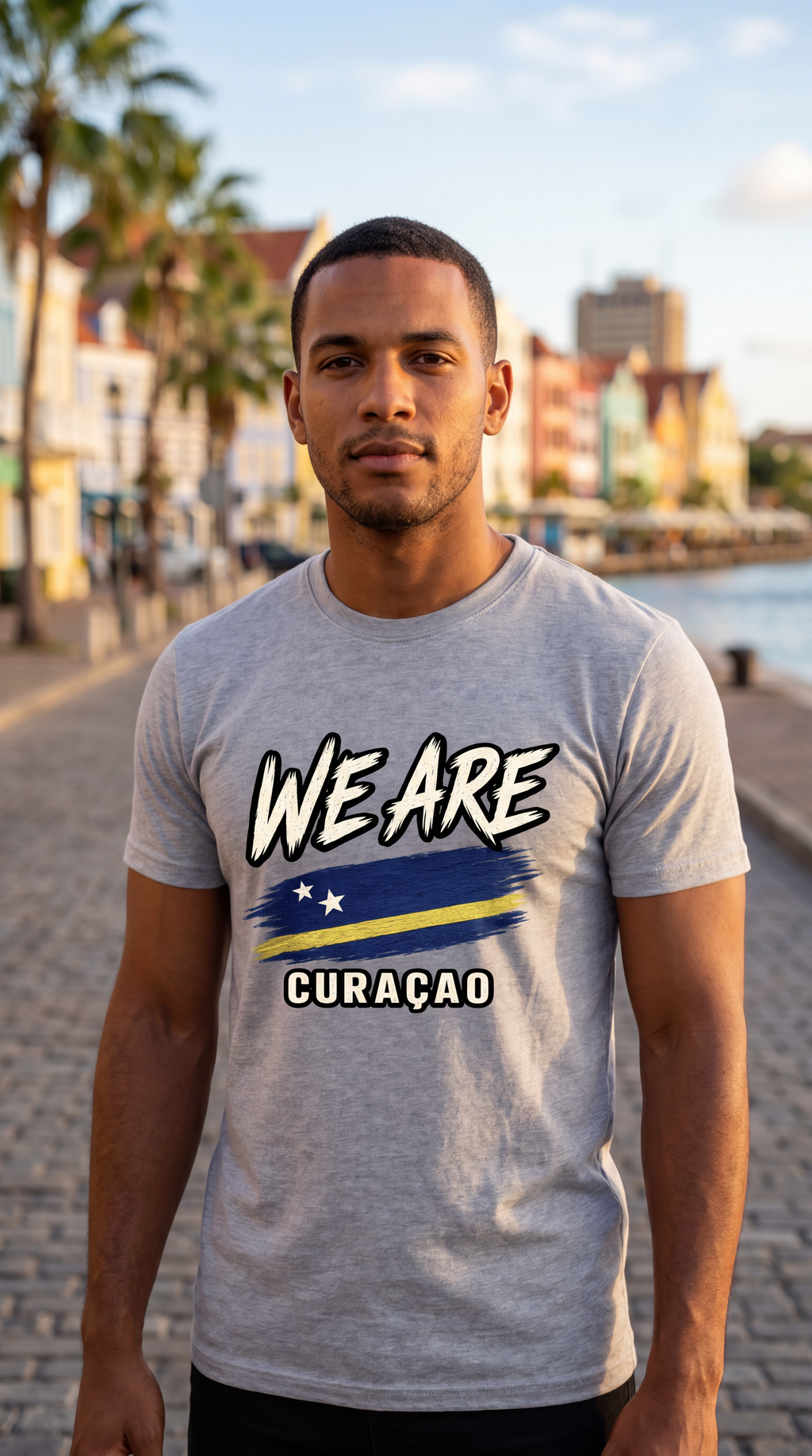 A man wearing a light gray heather t-shirt with a graphic of the flag of Curaçao and the text 'WE ARE CURAÇAO' printed on the front, standing outdoors on a cobblestone path with a waterfront city background.