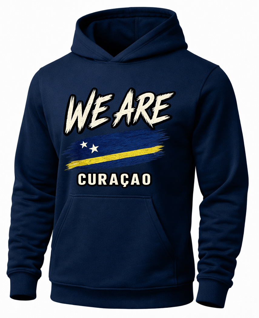 A dark green pullover hoodie with a graphic print on the front. The design features the text 'WE ARE' in a white brush-stroke font above a stylized flag of Uzbekistan, and 'UZBEKISTAN' printed below in white.