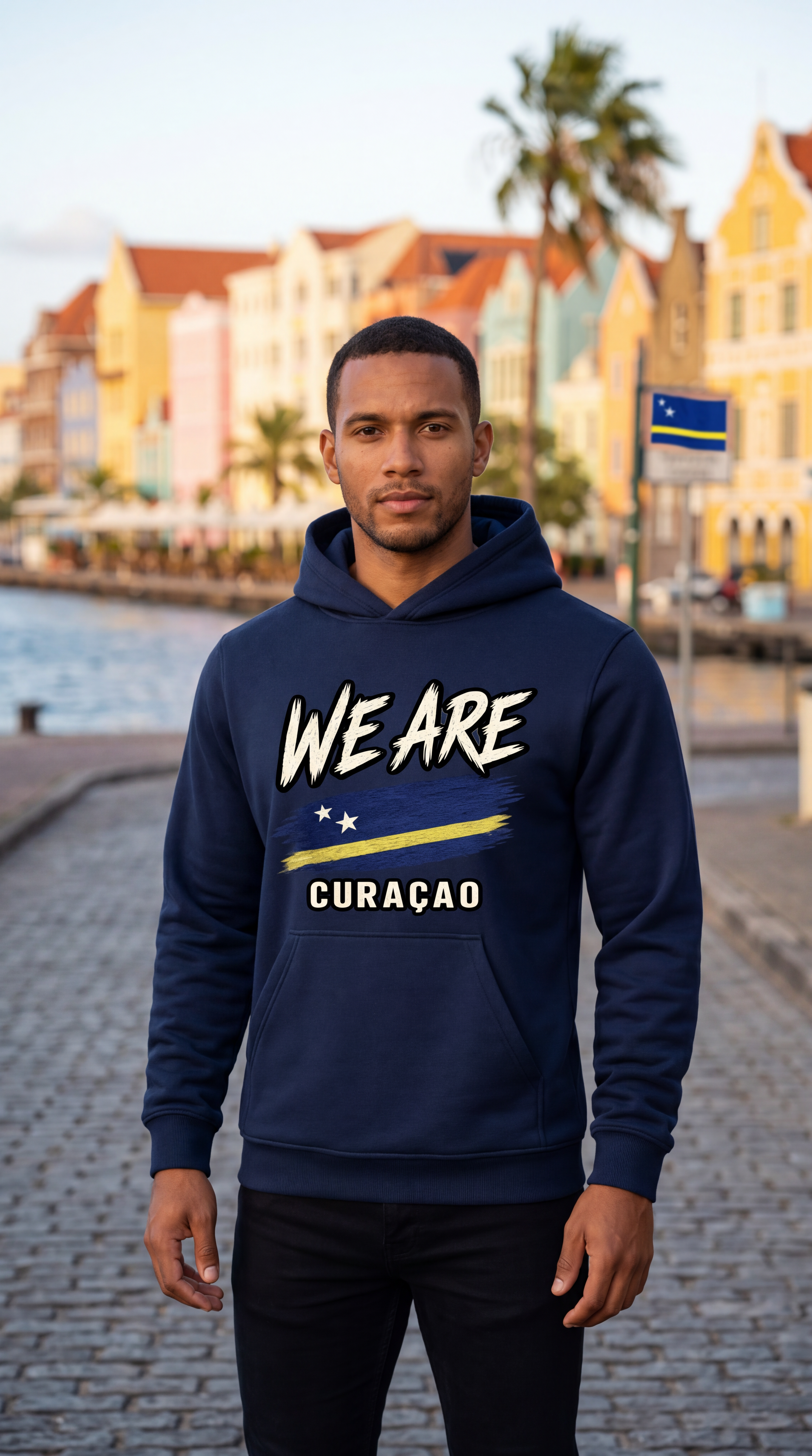 A man wearing a navy blue hoodie with a graphic print of the flag of Curaçao and the text 'WE ARE CURAÇAO' stands on a cobblestone waterfront path with colorful buildings in the background.