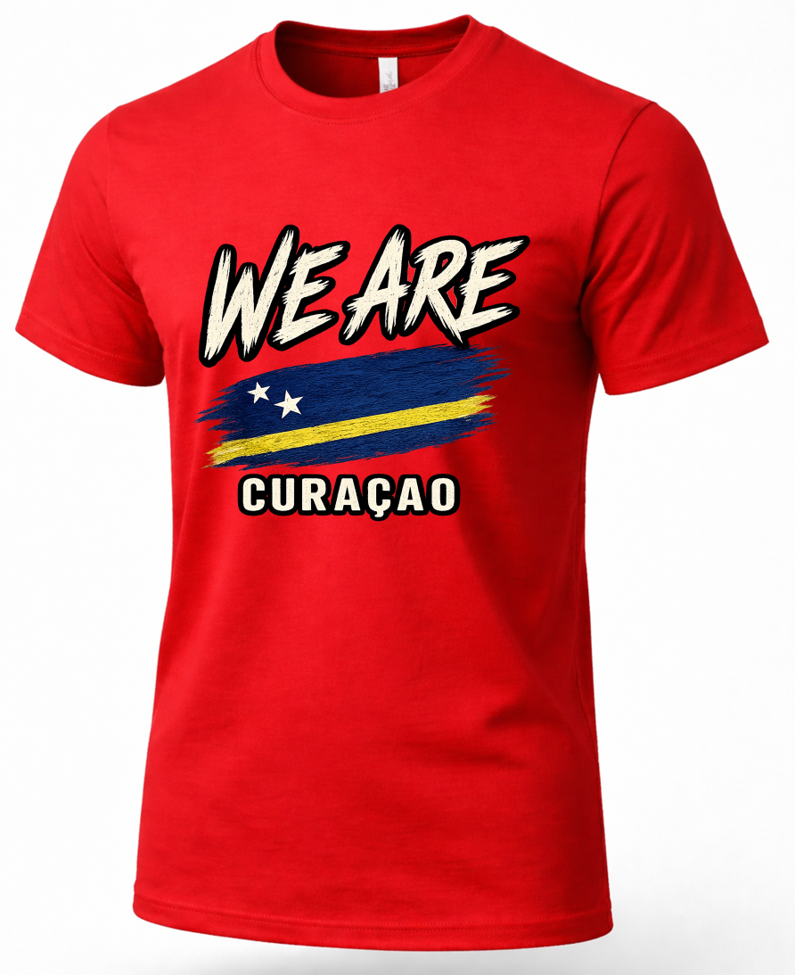 A red short-sleeve crewneck t-shirt featuring a graphic print of the text 'WE ARE' above a stylized blue and yellow flag, and 'CURAÇAO' below in white block letters.