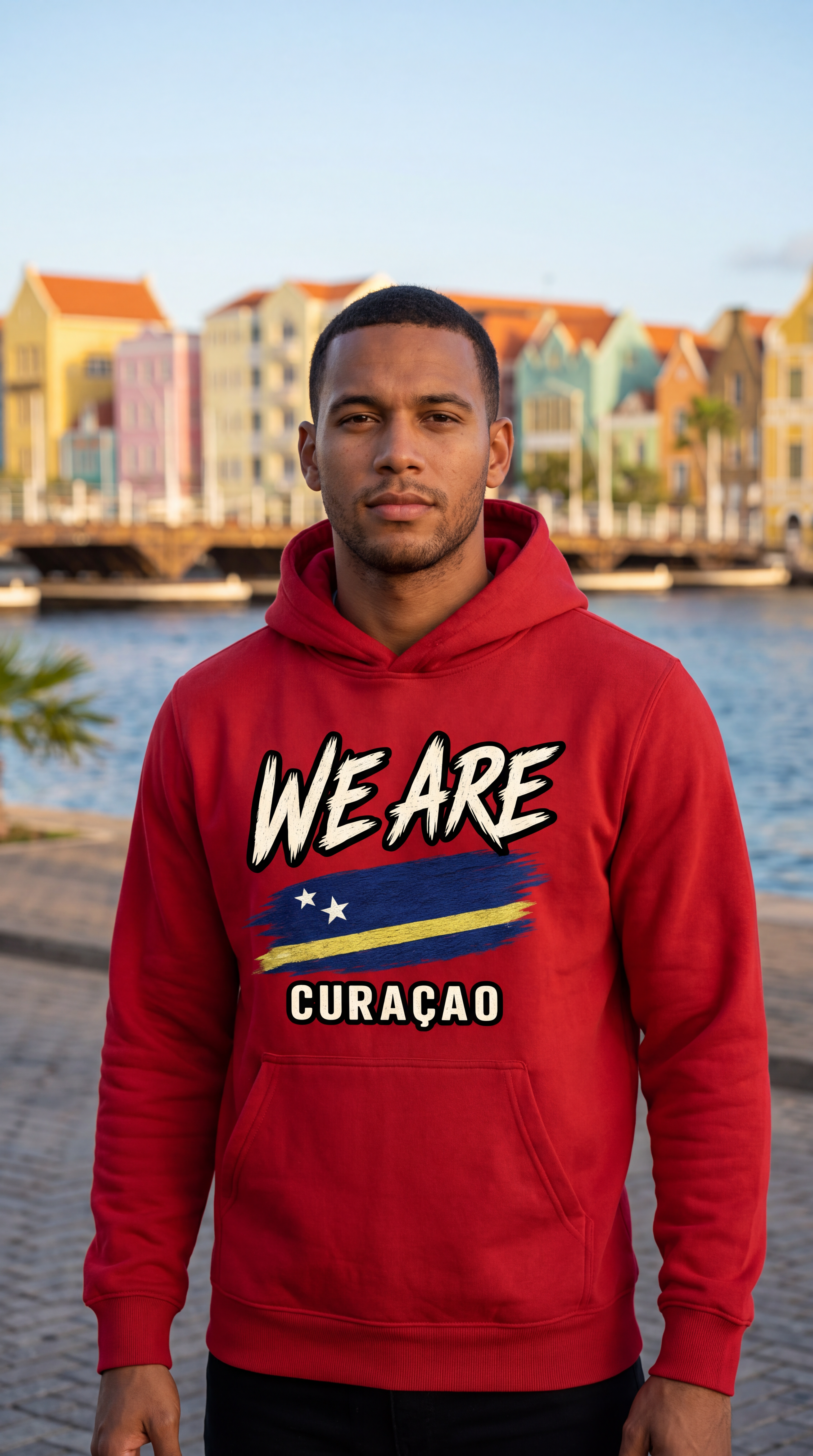 A man wearing a red hoodie with 'WE ARE CURAÇÃO' and a Venezuelan flag graphic printed on the front, standing outdoors in front of colorful waterfront buildings.