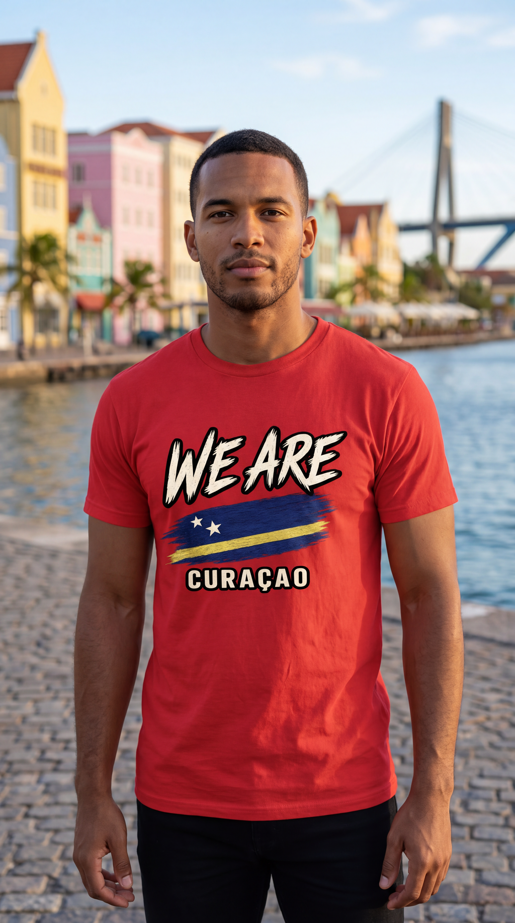 A man wearing a red t-shirt with a graphic that reads 'WE ARE CURAÇÃO' and features the Venezuelan flag design, standing in front of a waterfront cityscape.