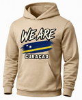 A beige pullover hoodie with a graphic on the chest that reads 'WE ARE CURAÇAO' above and below a stylized blue and yellow flag design, shown on a plain white background.