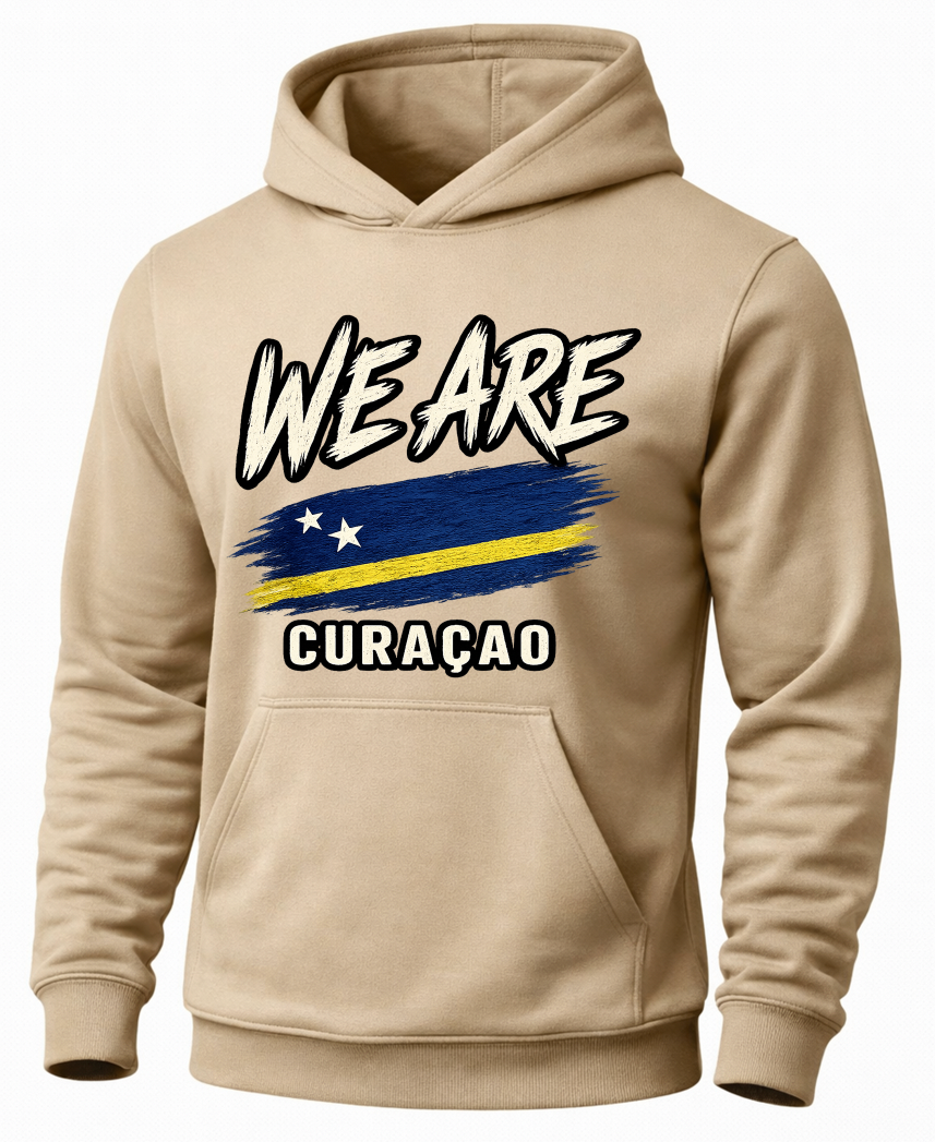 A beige pullover hoodie with a graphic on the chest that reads 'WE ARE CURAÇAO' above and below a stylized blue and yellow flag design, shown on a plain white background.