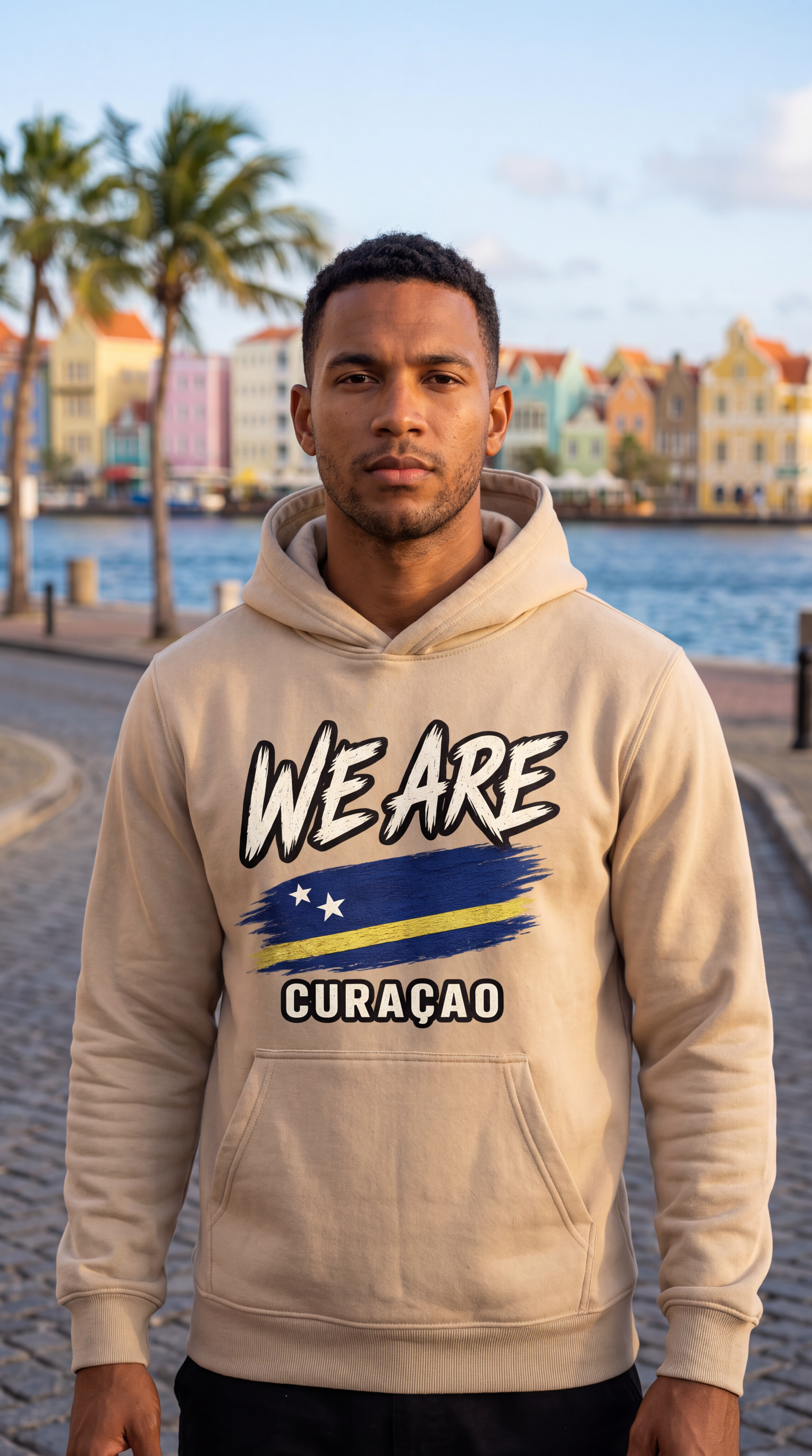 A man wearing a beige hoodie with a graphic print that reads 'WE ARE CURAÇÃO' and features the blue and yellow flag of Curaço, standing outdoors in front of a waterfront with colorful buildings and palm trees.