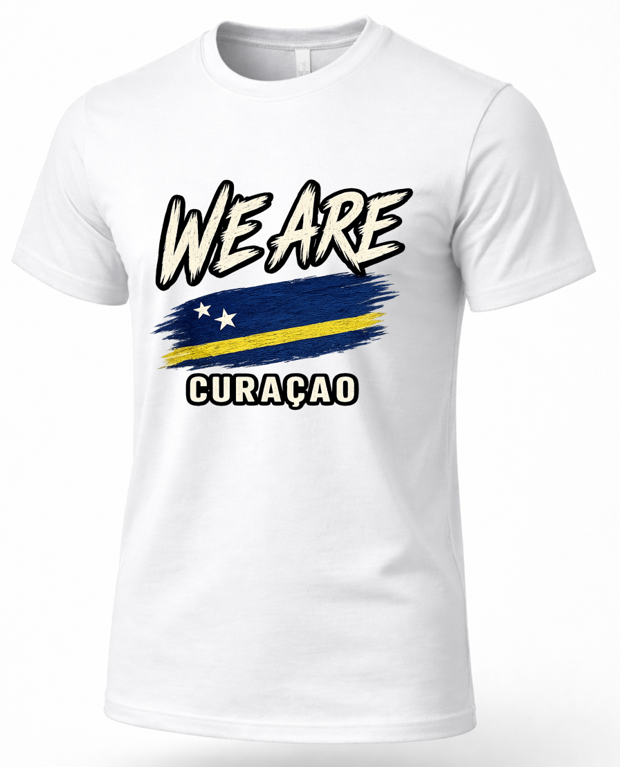A white short-sleeve crewneck t-shirt featuring a graphic print on the front. The design displays the text 'WE ARE' in a stylized black and white font above a distressed blue and yellow flag design, with 'CURAÇAO' printed below in black.