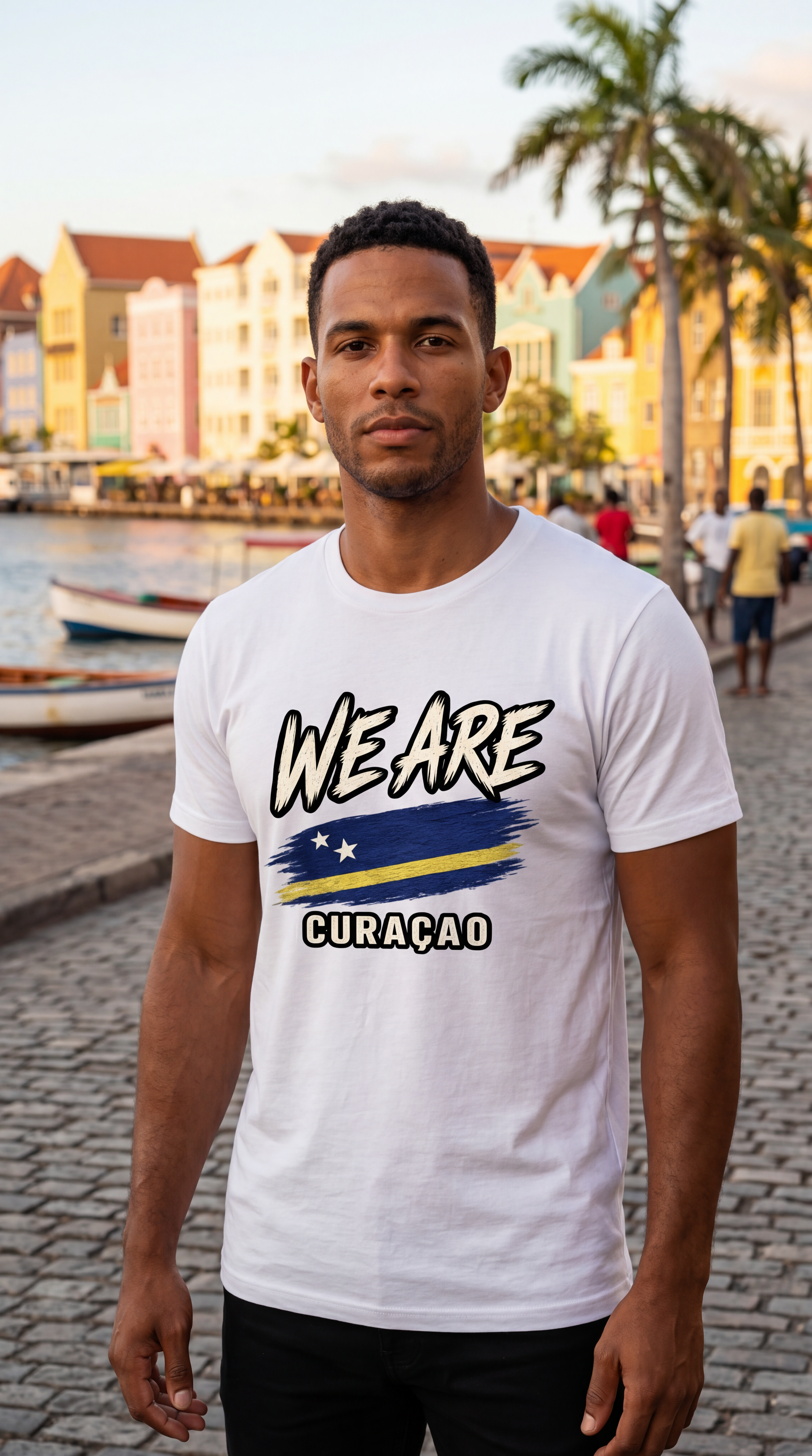 A man wearing a white graphic t-shirt with 'WE ARE CURAÇÃO' and the flag of Curaço printed on the front, standing outdoors on a cobblestone path with a harbor and colorful buildings in the background.