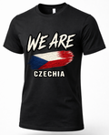 A black short-sleeve crewneck t-shirt featuring a distressed graphic print of the Czech Republic flag and the text 'WE ARE CZECHIA' in white, shown on a plain white background.