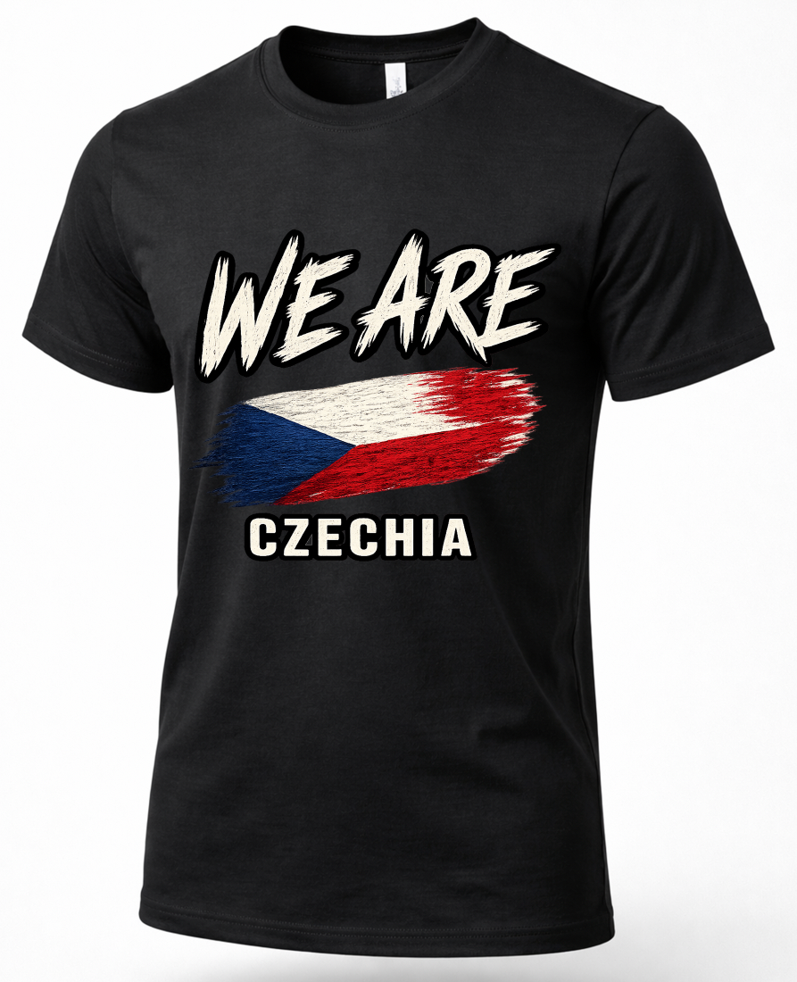 A black short-sleeve crewneck t-shirt featuring a distressed graphic print of the Czech Republic flag and the text 'WE ARE CZECHIA' in white, shown on a plain white background.