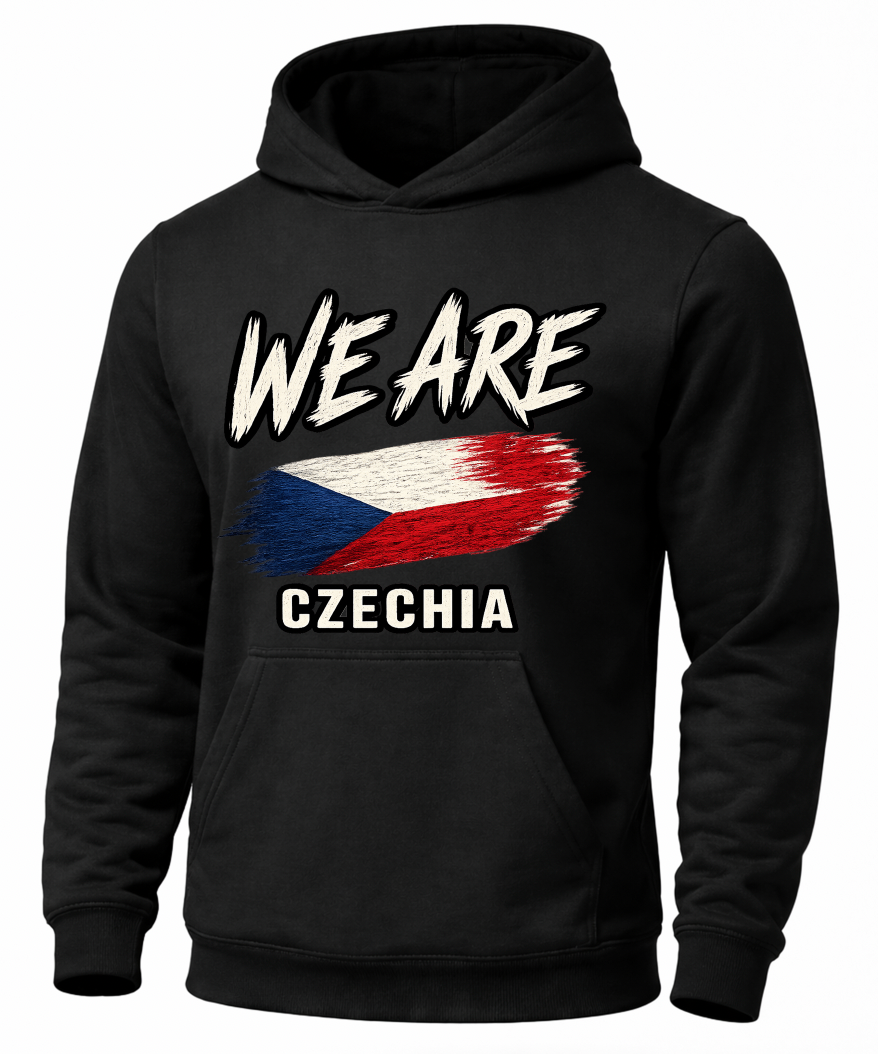 A black pullover hoodie featuring a distressed graphic print on the front with the text 'WE ARE' above a stylized Czech Republic flag and 'CZECHIA' below, shown on a plain white background.