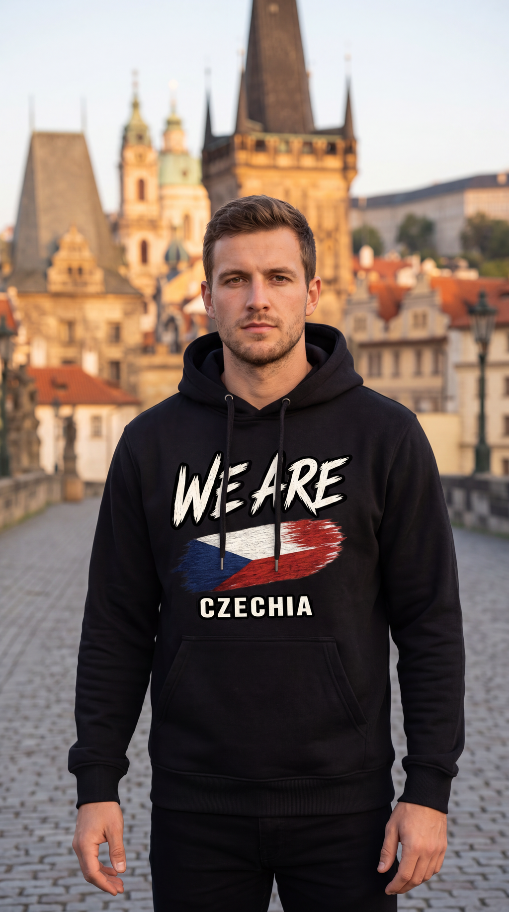 A man wearing a black hoodie with a Czech Republic flag graphic and the text 'WE ARE CZECHIA' stands on a cobblestone bridge with historic city towers in the background.