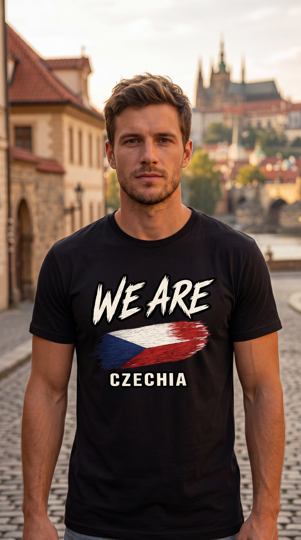 A man wearing a black t-shirt with a graphic that reads 'WE ARE CZECHIA' and a stylized Czech flag, standing on a cobblestone street with a blurred castle background.