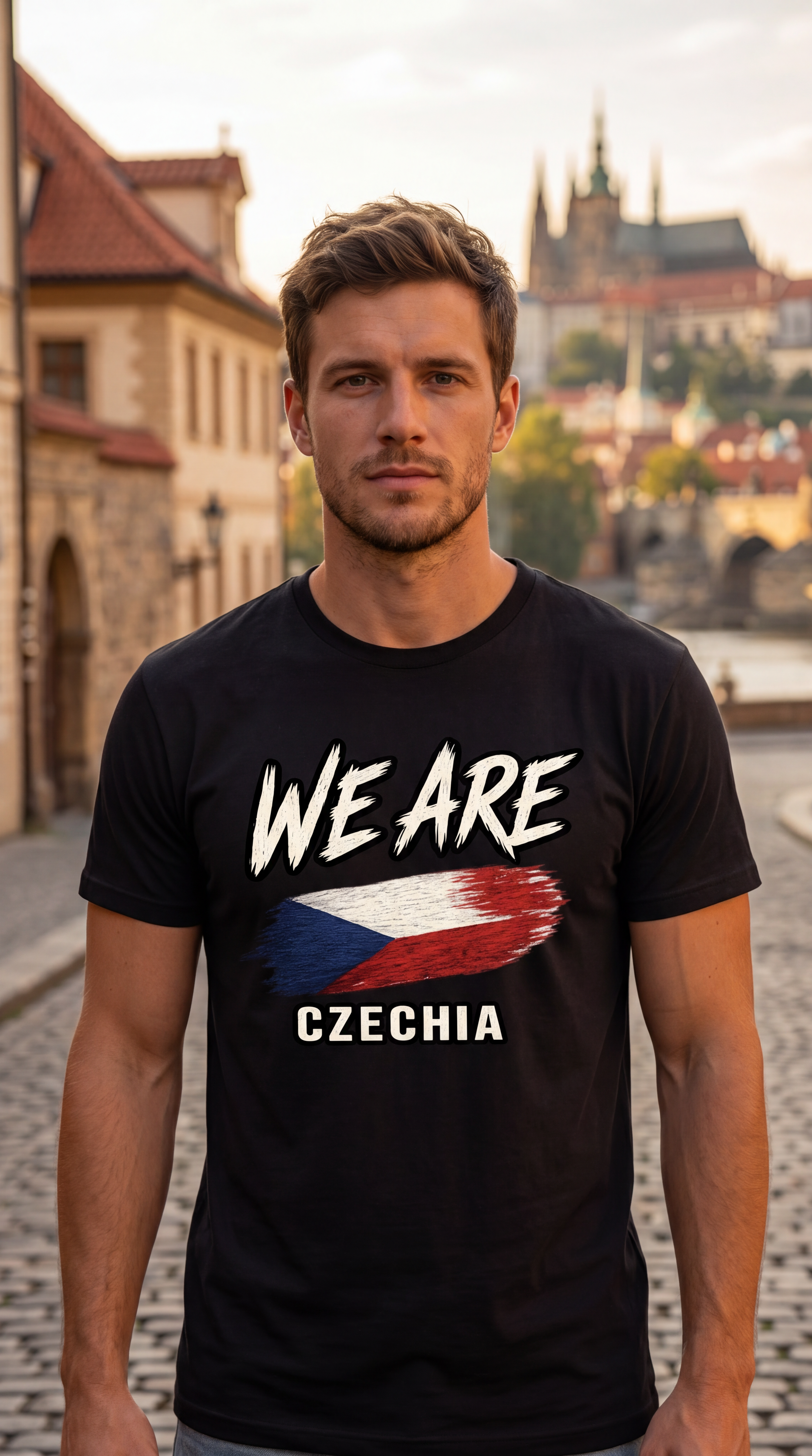 A man wearing a black t-shirt with a graphic that reads 'WE ARE CZECHIA' and a stylized Czech flag, standing on a cobblestone street with a blurred castle background.