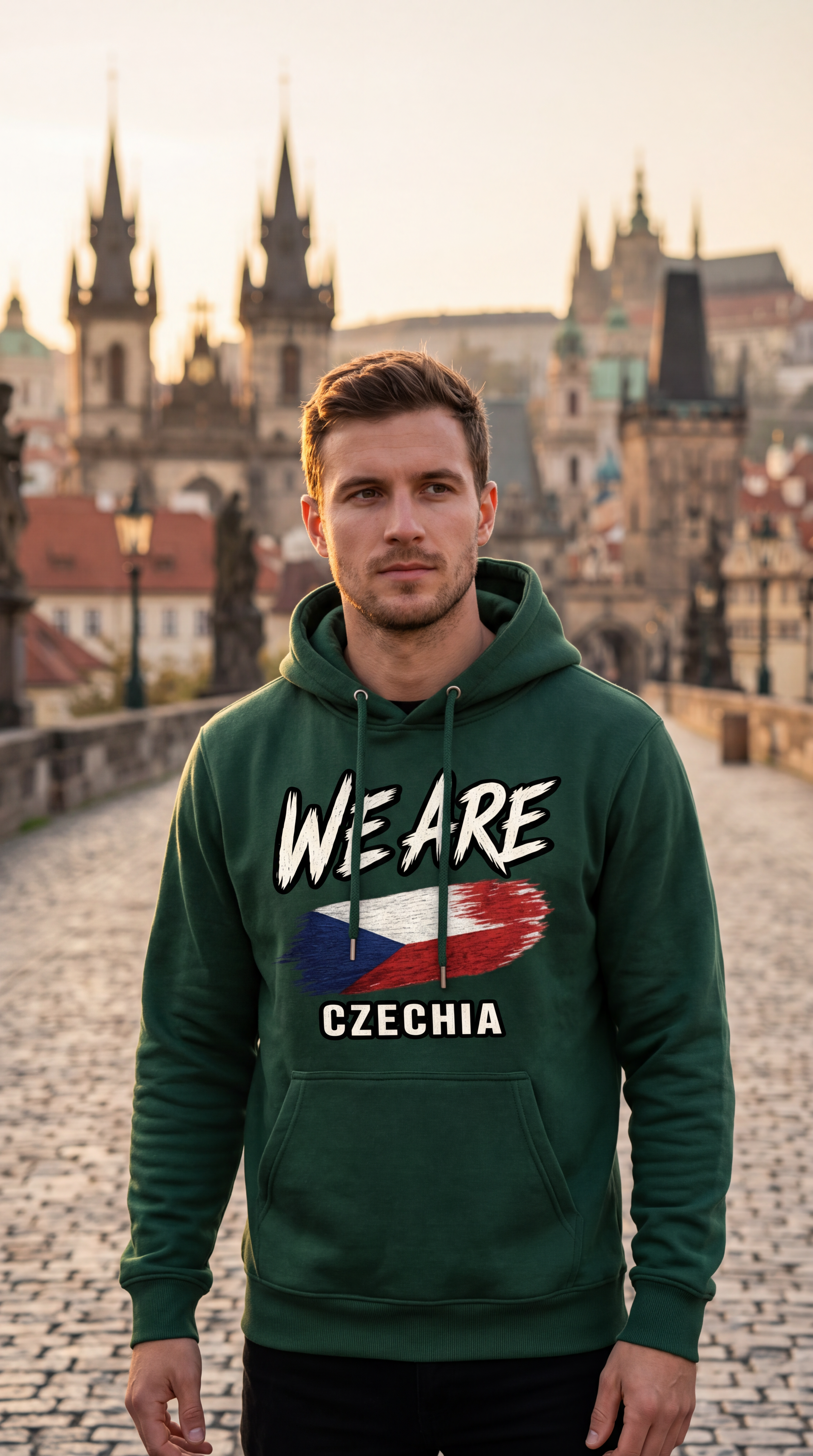A man wearing a dark green hoodie with a Czech Republic flag graphic and the text 'WE ARE CZECHIA' stands on a cobblestone bridge with Prague's historic spires in the background.