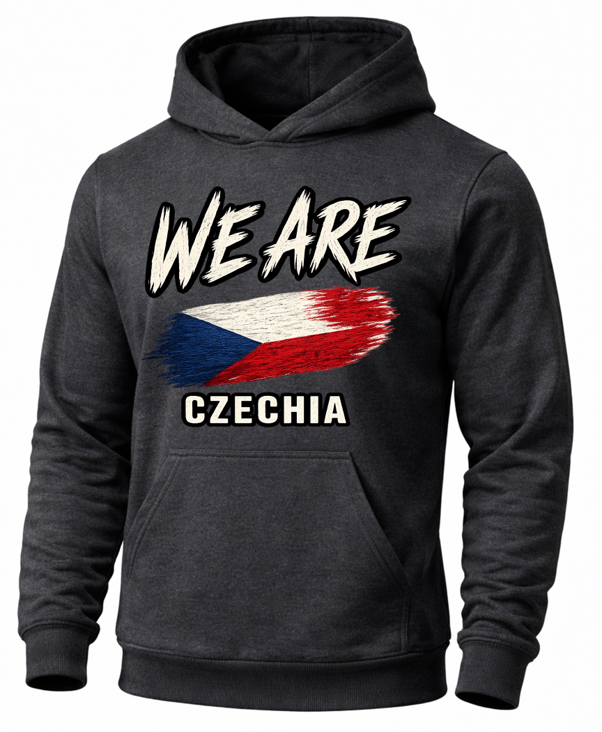A dark charcoal gray hoodie featuring a distressed graphic on the front with the text 'WE ARE' above a stylized Czech Republic flag and 'CZECHIA' below.