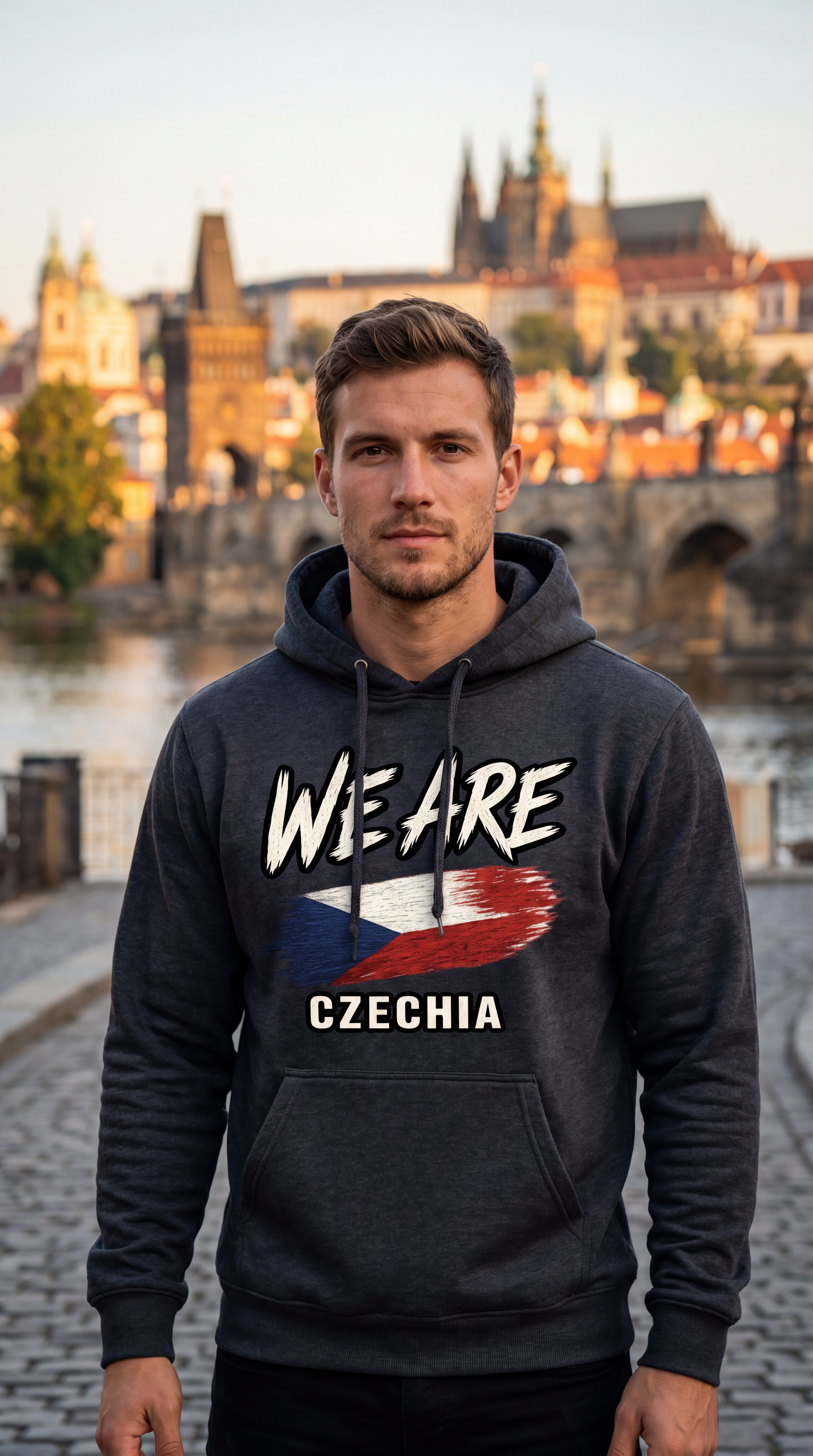 A man wearing a dark gray hoodie with a graphic of the Czech Republic flag and the text 'WE ARE CZECHIA' stands on a cobblestone bridge with Charles Bridge and Prague Castle in the background.