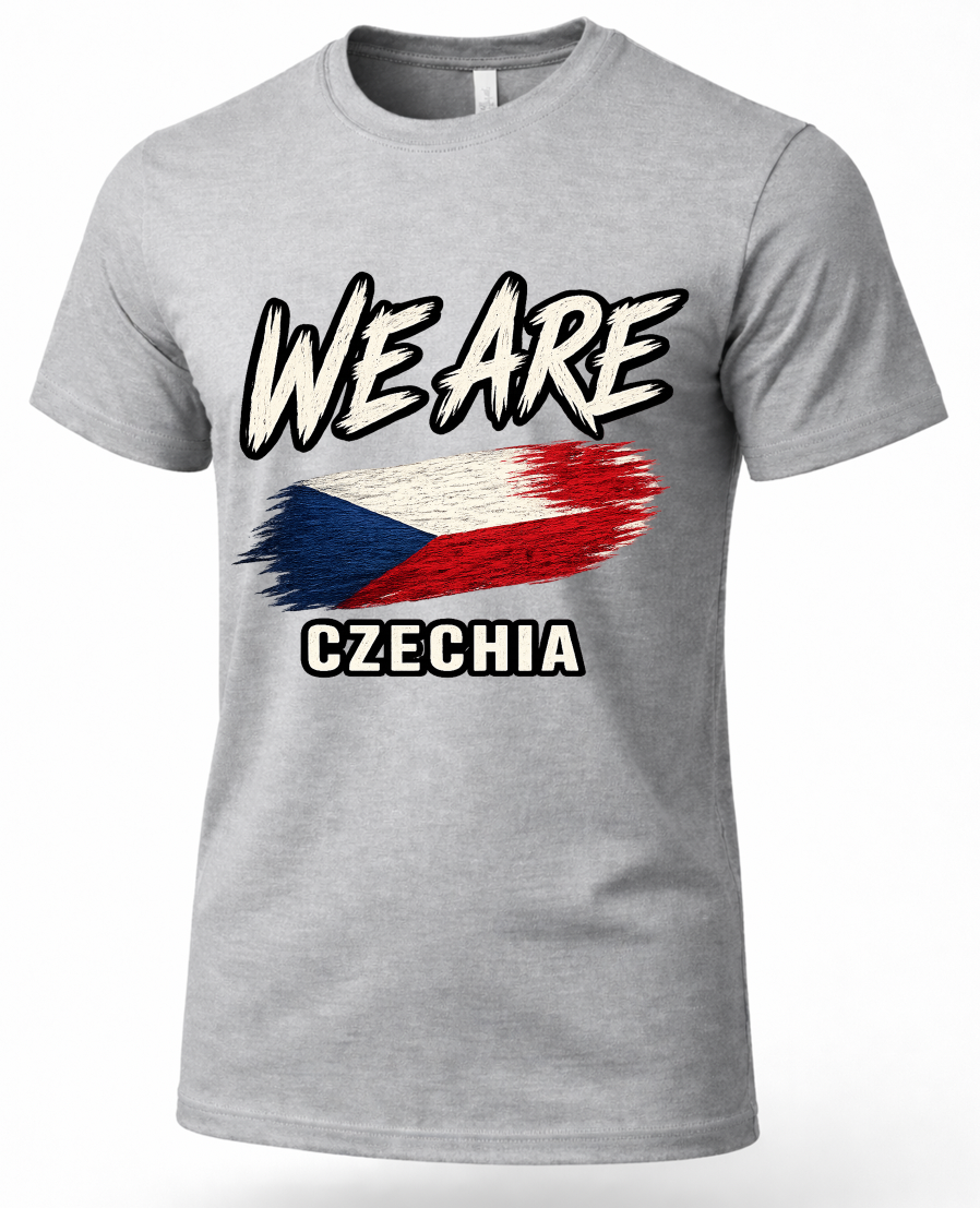 A heather gray short-sleeve t-shirt with a graphic print on the front. The design features the text 'WE ARE' in a white and black brush-stroke style above a stylized, distressed version of the Czech flag, and 'CZECHIA' in black block letters below.