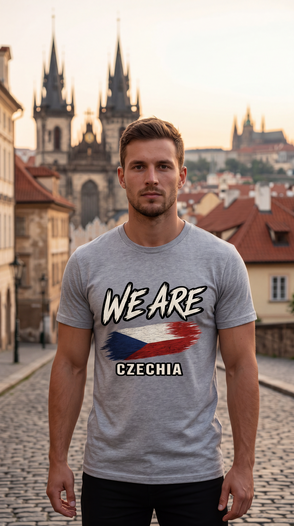 A man wearing a heather gray t-shirt with a graphic that reads 'WE ARE CZECHIA' and features the Czech flag, standing on a cobblestone street with historic buildings and a cathedral in the background.
