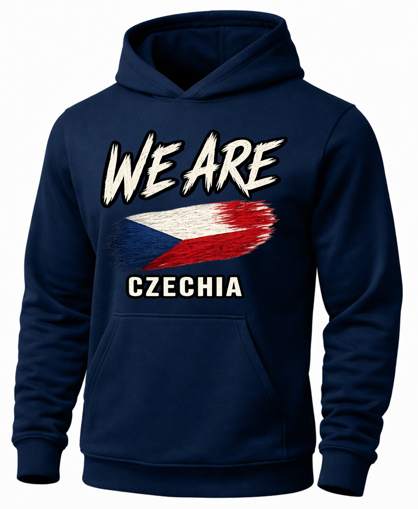A navy blue pullover hoodie featuring a distressed graphic print of the Czech Republic flag and the text 'WE ARE CZECHIA' in white, shown on a plain white background.
