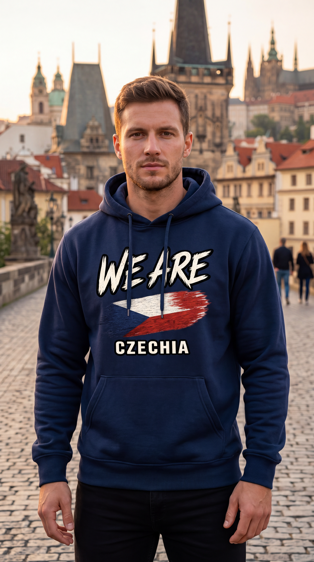 A man wearing a navy blue hoodie with 'WE ARE CZECHIA' and a stylized Czech flag graphic on the front, standing on a cobblestone bridge with Prague's historic skyline in the background.