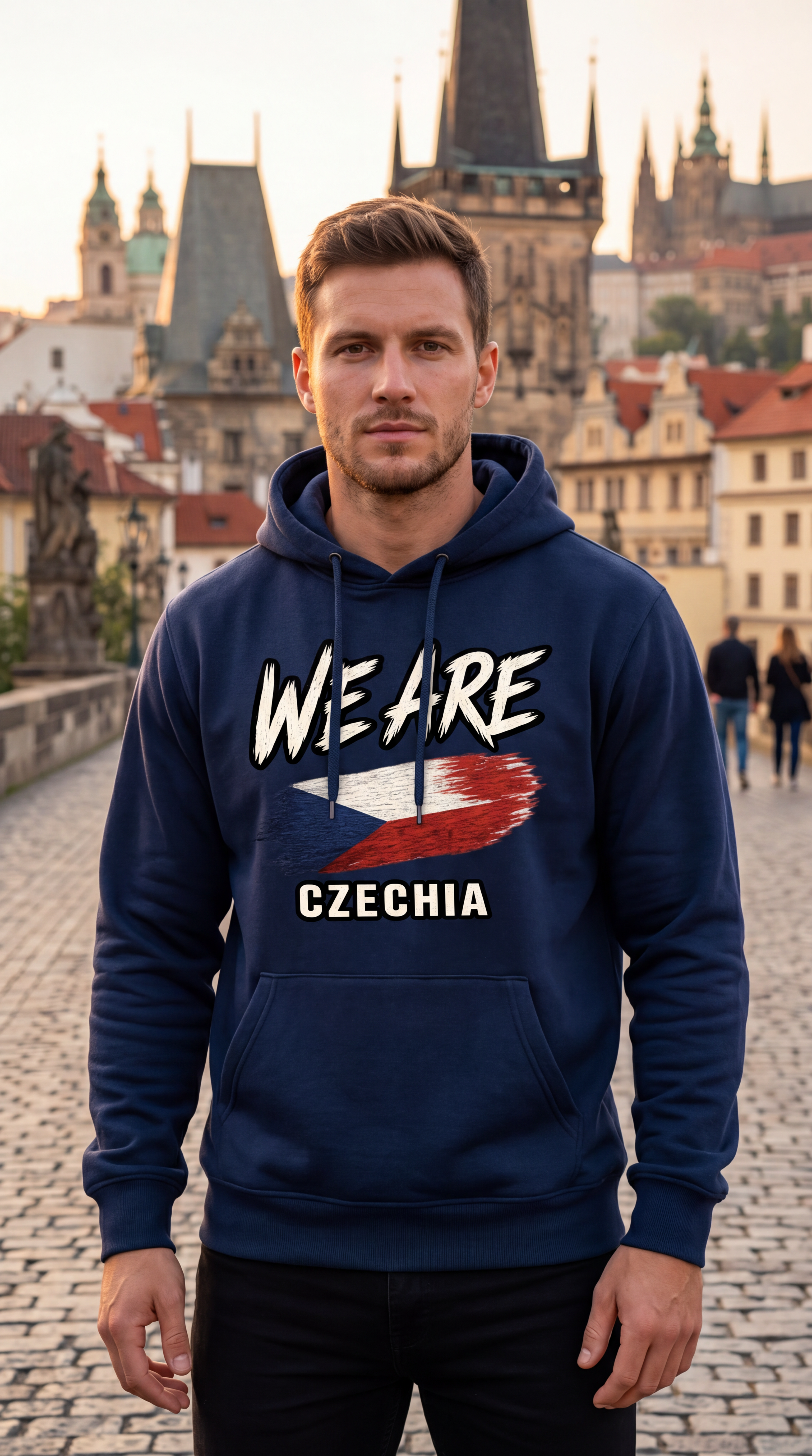 A man wearing a navy blue hoodie with 'WE ARE CZECHIA' and a stylized Czech flag graphic on the front, standing on a cobblestone bridge with Prague's historic skyline in the background.