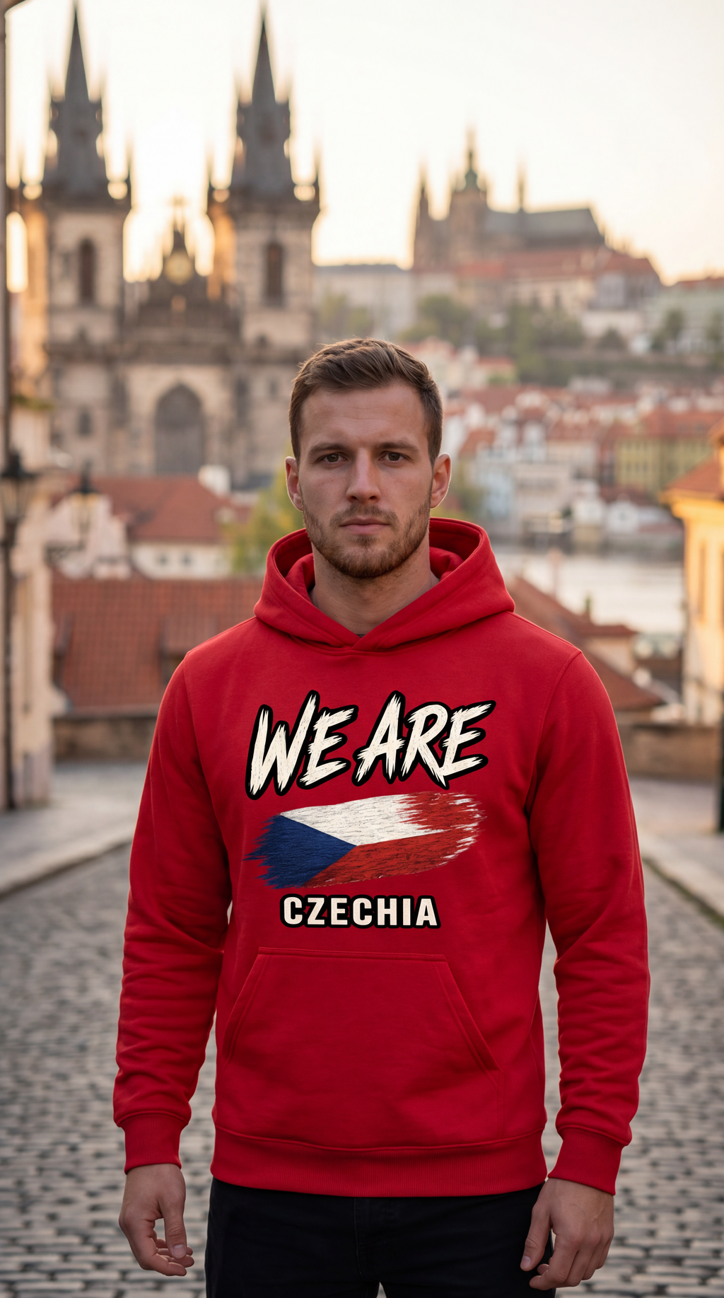A man wearing a red hoodie with 'WE ARE CZECHIA' and a Czech flag graphic, standing on a cobblestone street with Prague's historic skyline in the background.