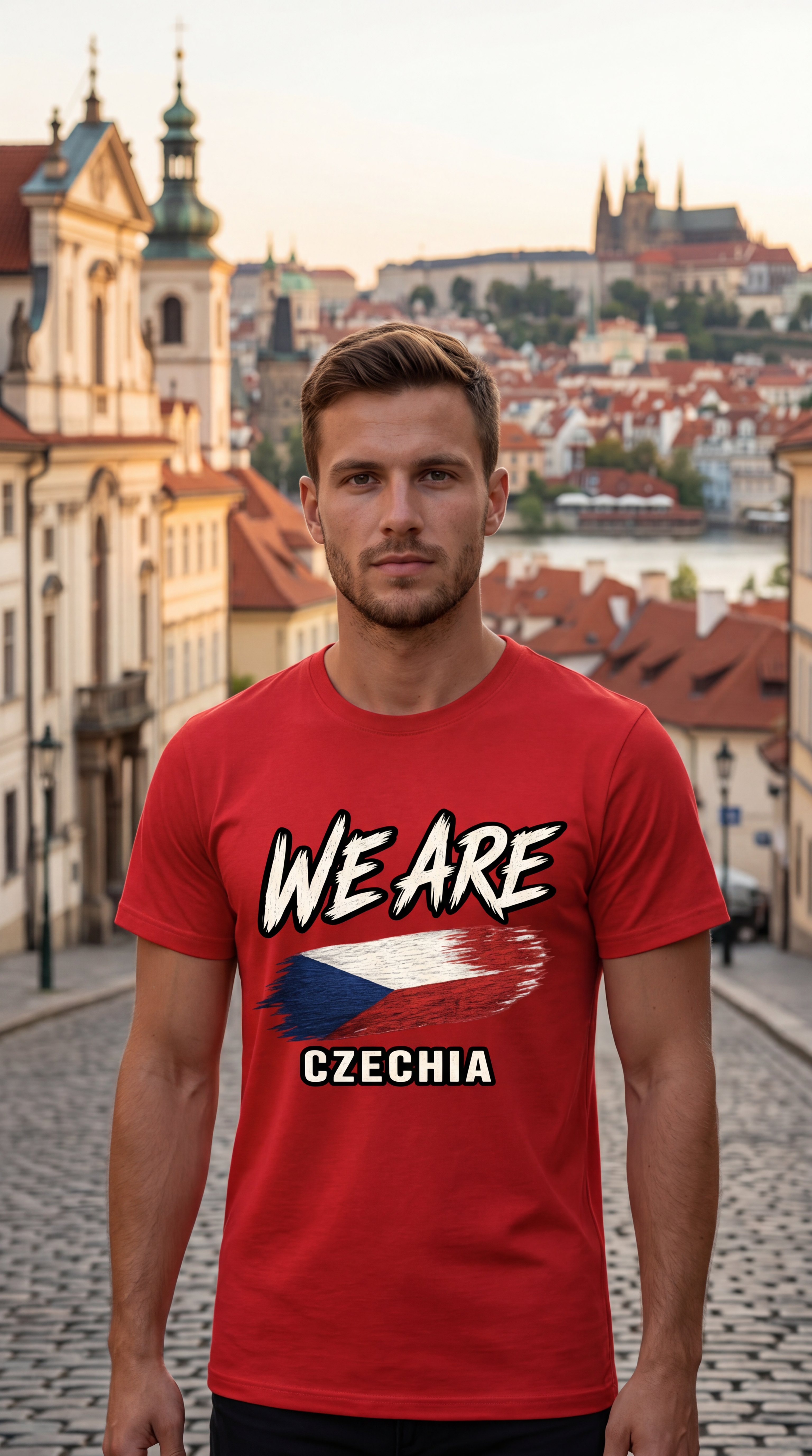 A man wearing a red graphic t-shirt with 'WE ARE CZECHIA' and the Czech flag printed on the front, standing on a cobblestone street with a scenic cityscape of Prague in the background.