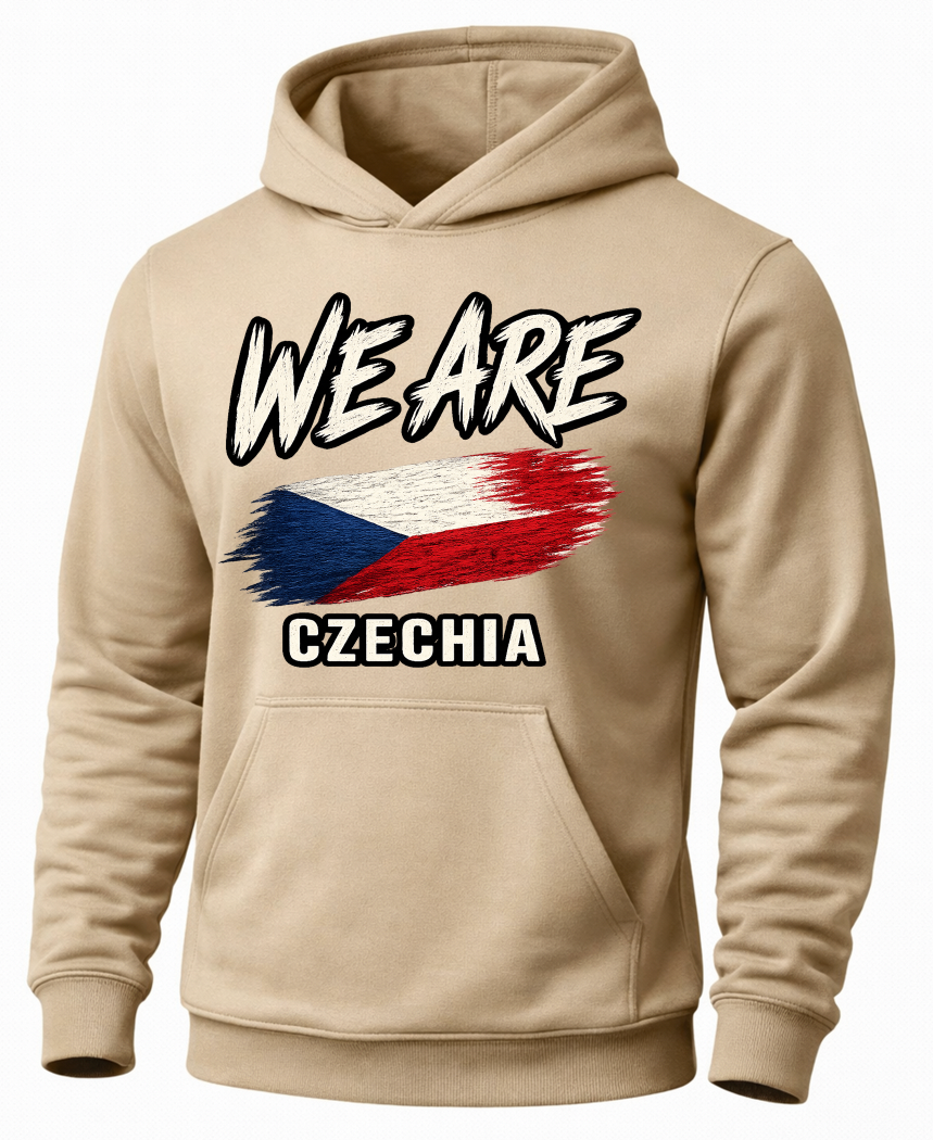 A beige pullover hoodie with a graphic on the chest that reads 'WE ARE CZECHIA' above and below a stylized Czech flag, shown on a plain white background.