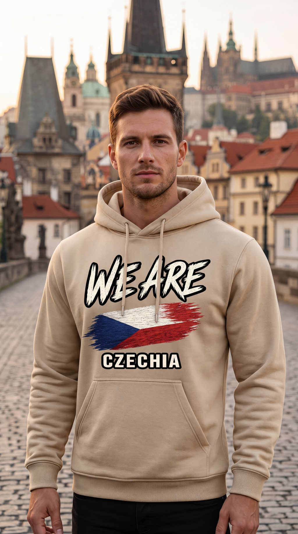 A man wearing a beige hoodie with a graphic print that reads 'WE ARE CZECHIA' and features the Czech flag, standing on a cobblestone street with Prague's historic castle towers in the background.
