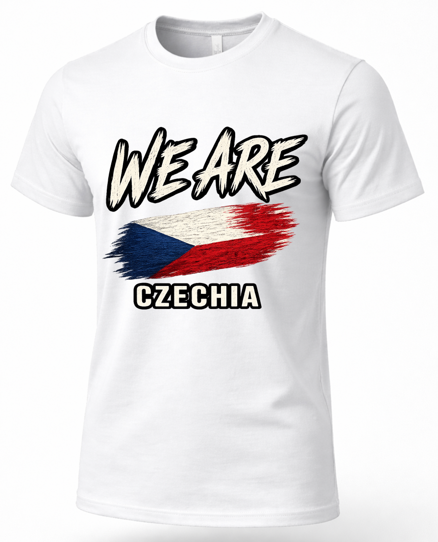 A white short-sleeve crewneck t-shirt featuring a graphic print of the Czech Republic flag with the text 'WE ARE' above and 'CZECHIA' below in a black-and-white stylized font.