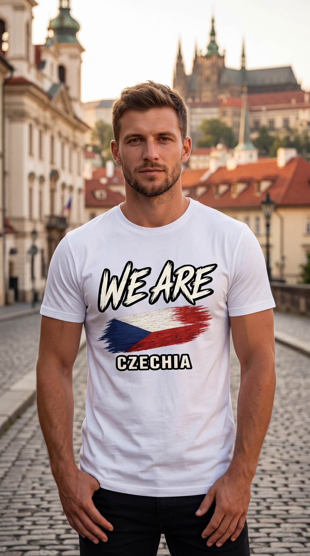A man wearing a white graphic t-shirt with 'WE ARE CZECHIA' and a stylized Czech flag design, standing on a cobblestone street with historic buildings in the background.