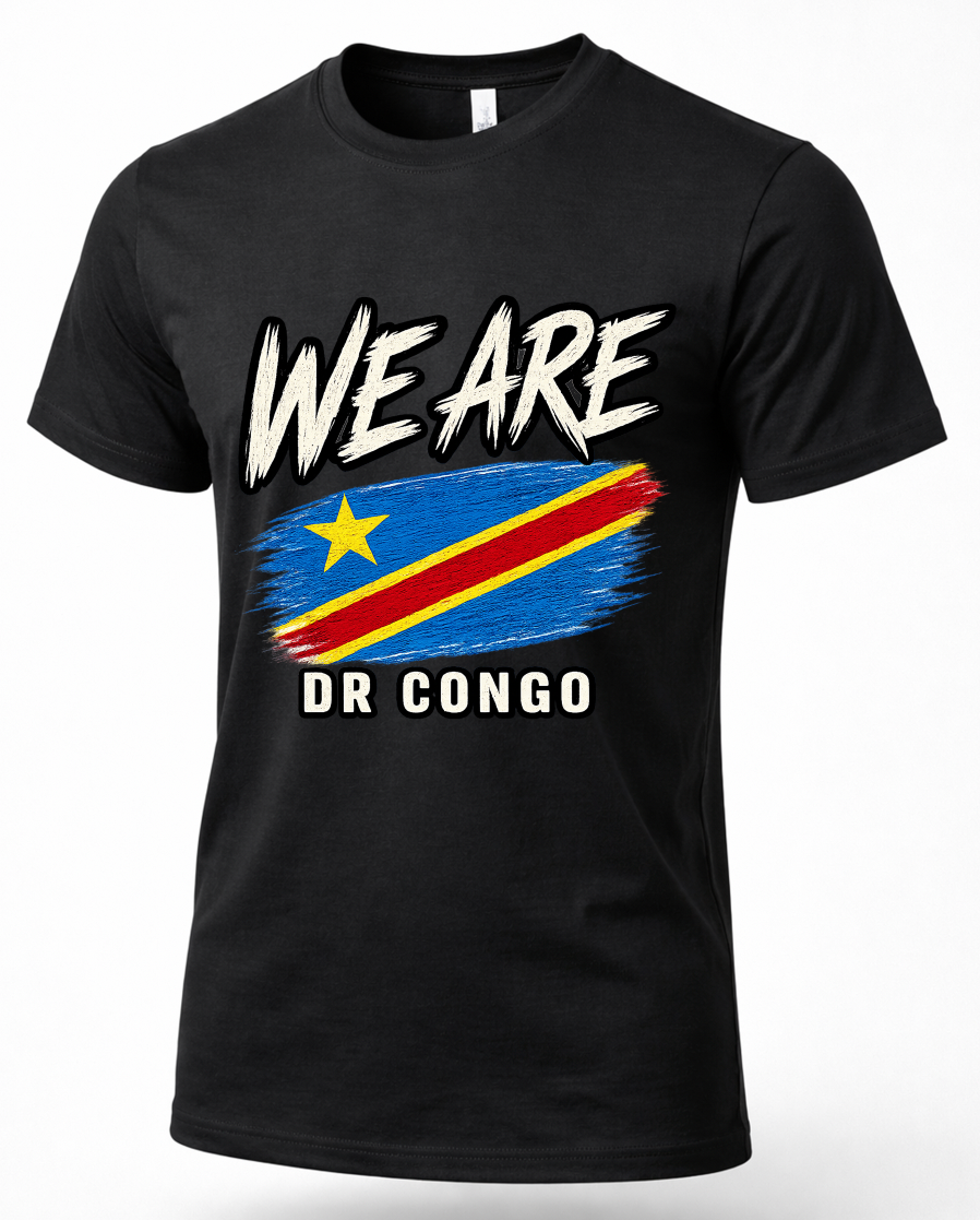 A black short-sleeve t-shirt with a graphic print featuring the text 'WE ARE' above a stylized flag of the Democratic Republic of Congo, and 'DR CONGO' below in white.