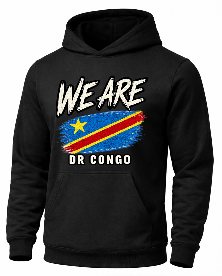 A black pullover hoodie featuring a front graphic with the text 'WE ARE' above a stylized flag of the Democratic Republic of Congo, and 'DR CONGO' below in white.