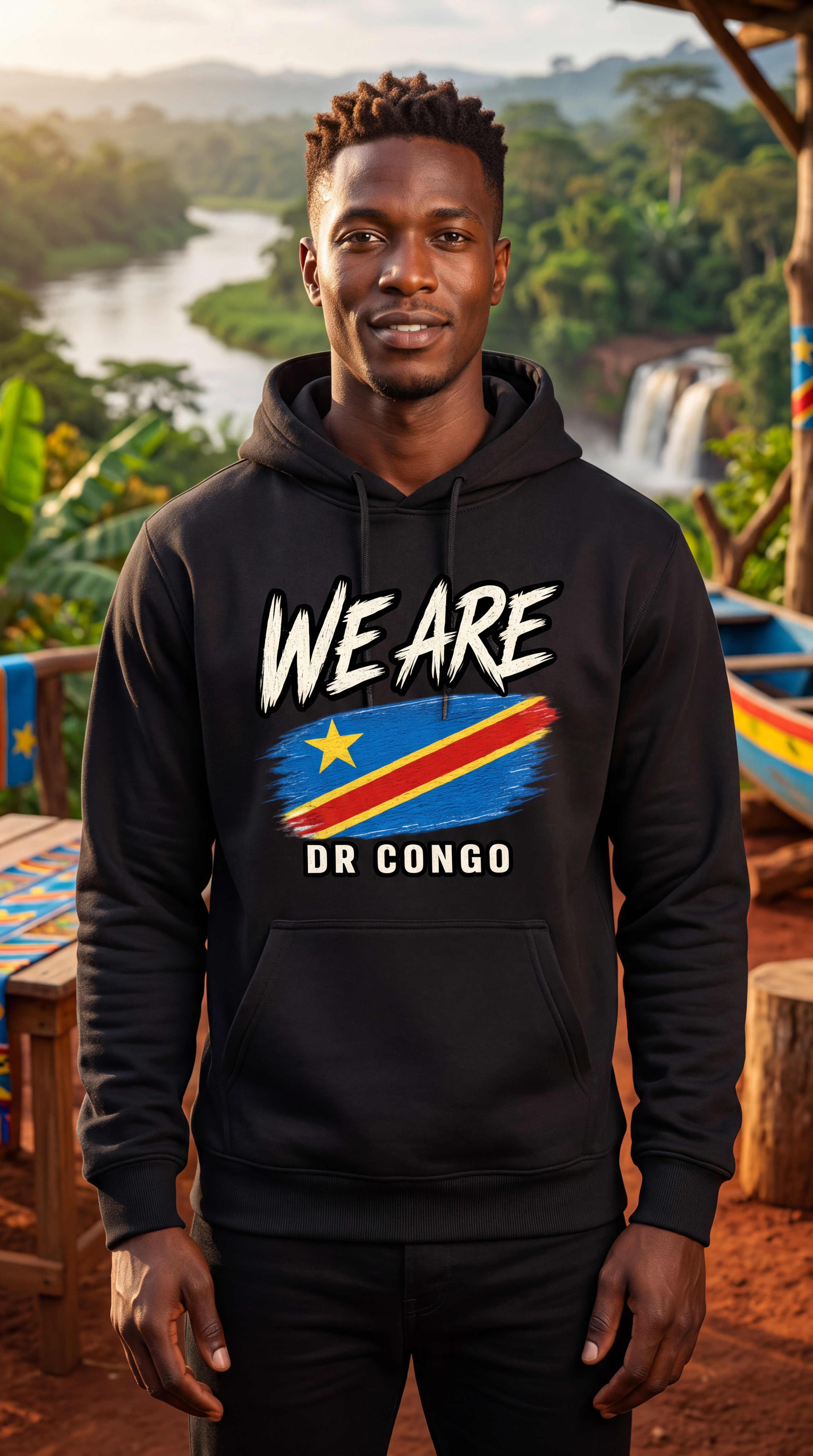 A man wearing a black hoodie with a graphic of the Democratic Republic flag and the text 'WE ARE DR CONGO' stands in front of a lush tropical river landscape.