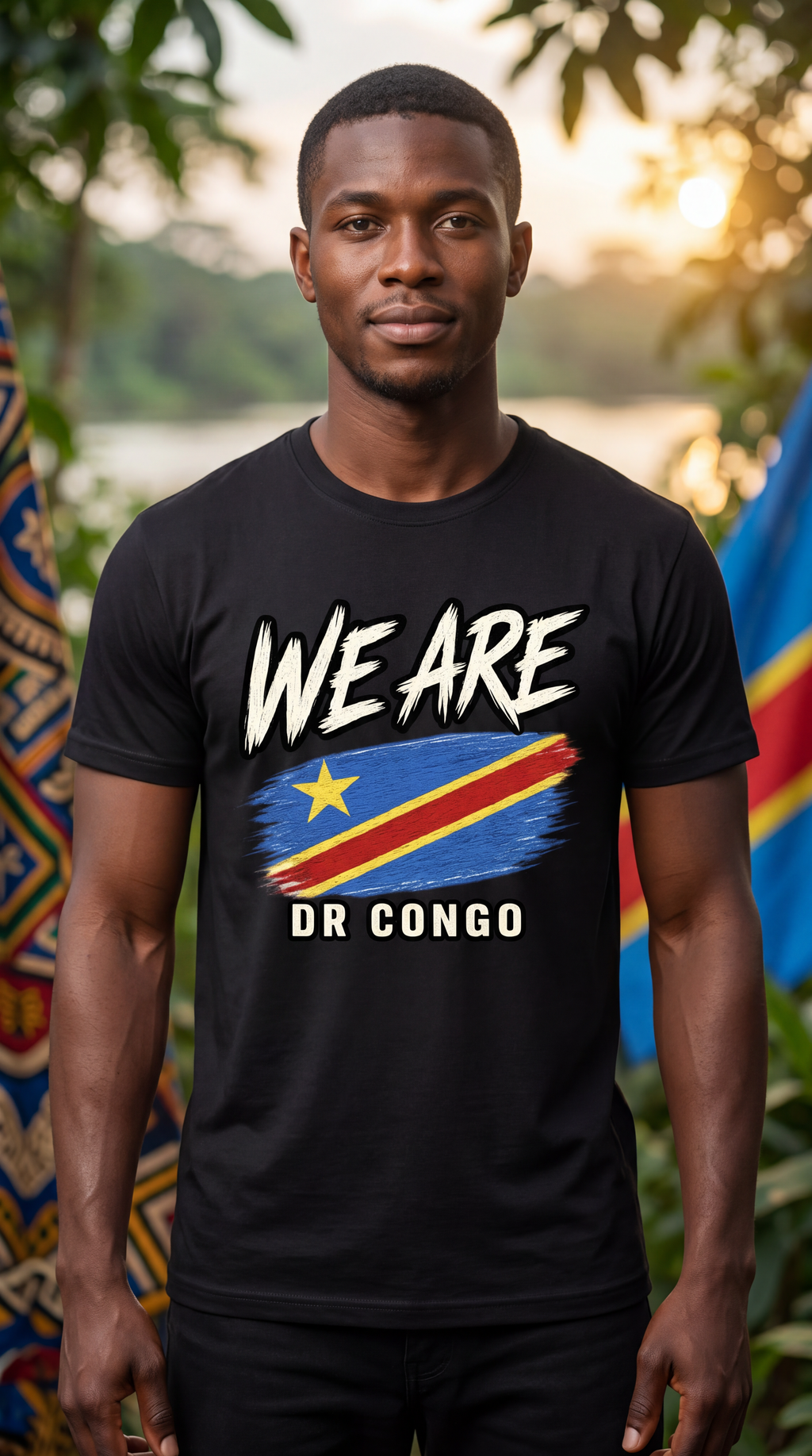 A man wearing a black t-shirt with a graphic print that reads 'WE ARE DR CONGO' above and below a stylized flag of the Democratic Republic of Congo. The background is a soft-focus outdoor scene with green foliage and warm sunlight.