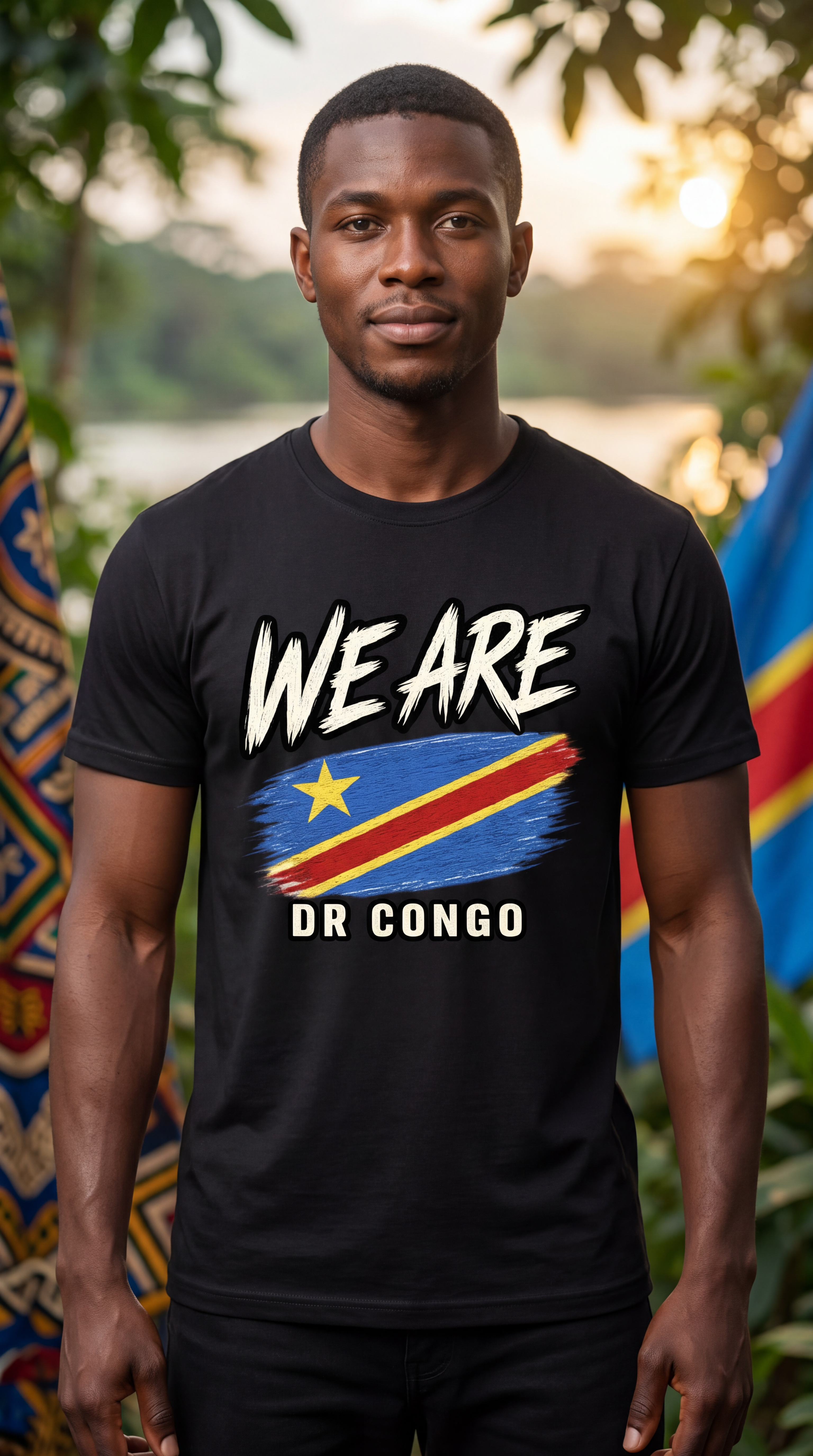 A man wearing a black t-shirt with a graphic print that reads 'WE ARE DR CONGO' above and below a stylized flag of the Democratic Republic of Congo. The background is a soft-focus outdoor scene with green foliage and warm sunlight.