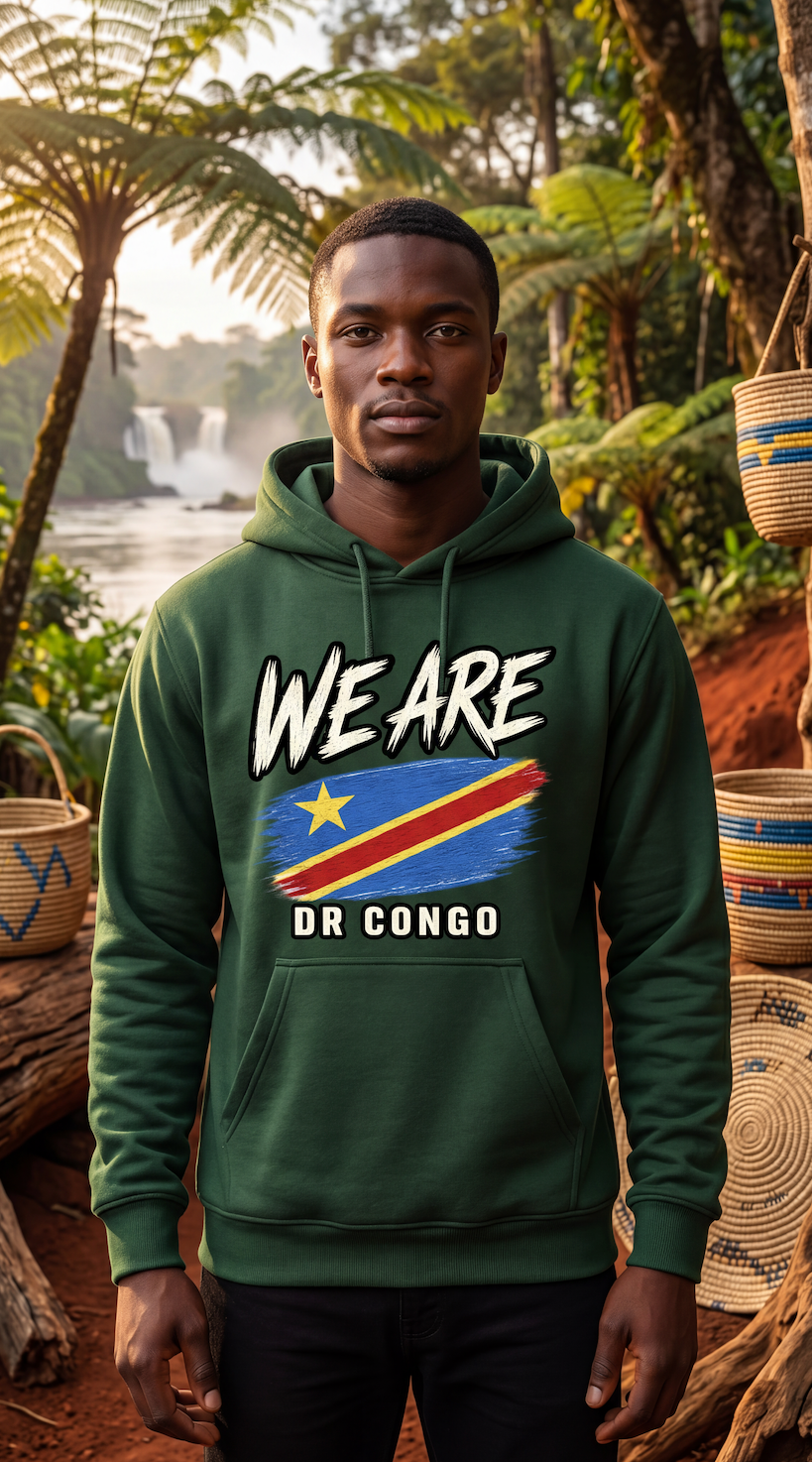 A man wearing a dark green hoodie with a graphic print that reads 'WE ARE DR CONGO' and features the Congo flag, standing in a lush tropical forest setting.