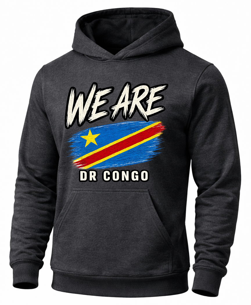A dark charcoal gray hoodie featuring a graphic print of the DR Congo flag with the text 'WE ARE' above and 'DR CONGO' below in white.