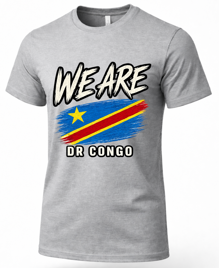A heather gray short-sleeve t-shirt featuring a graphic print of the Democratic Republic of Congo flag with the text 'WE ARE' above and 'DR CONGO' below in a bold, black-and-white font.