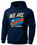 A navy blue pullover hoodie featuring a front graphic with the text 'WE ARE DR CONGO' and a stylized flag design in blue, red, and yellow, shown on a plain white background.