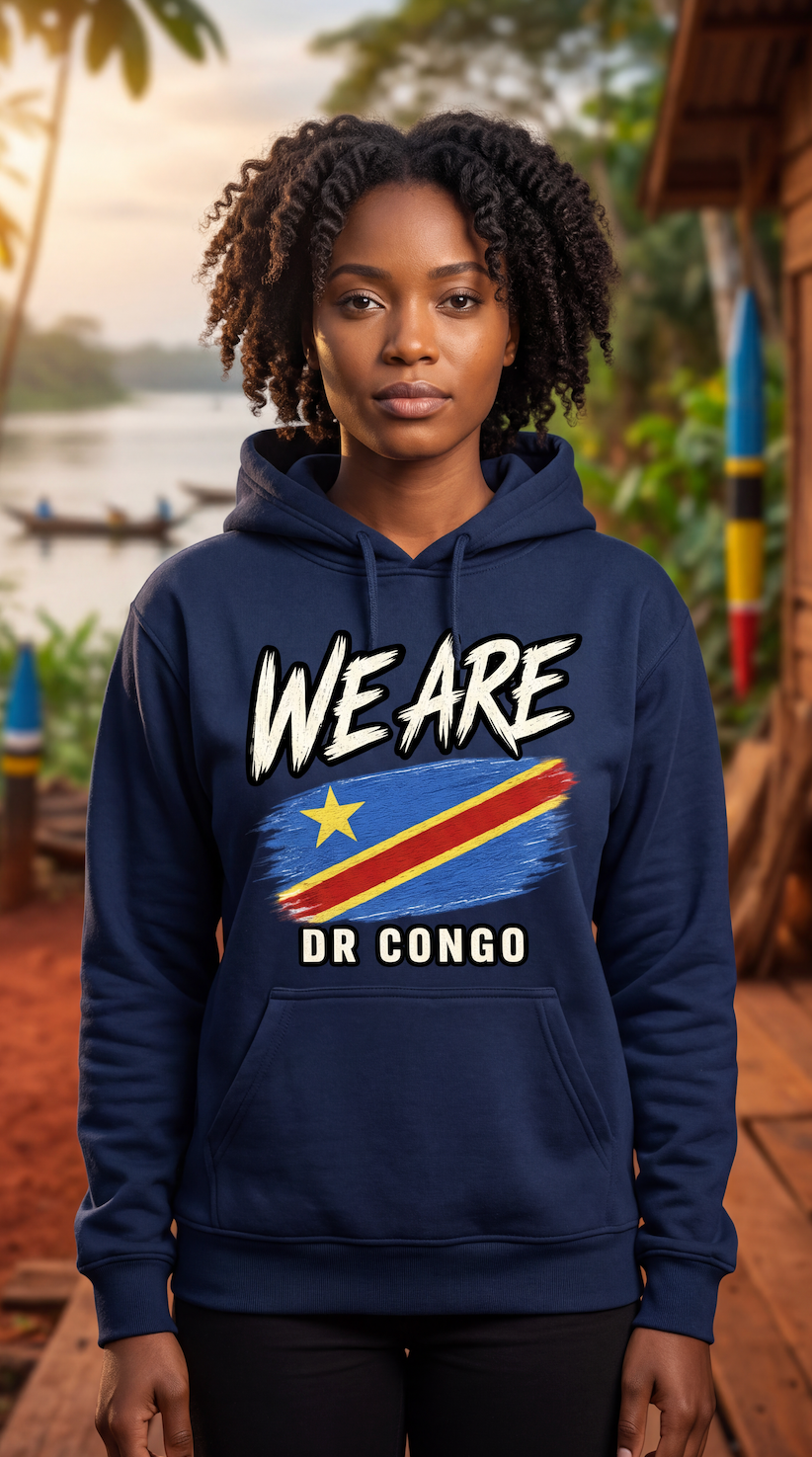 A woman wearing a navy blue hoodie with a graphic print of the DR Congo flag and the text 'WE ARE DR CONGO' on the front, set against a tropical outdoor background.