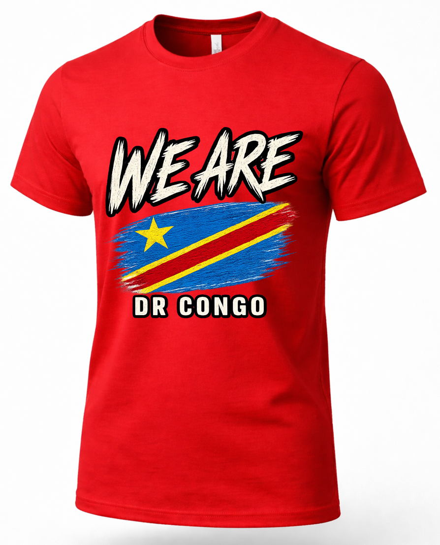 A red short-sleeve crewneck t-shirt featuring a graphic print of the Democratic Republic of Congo flag with the text 'WE ARE' above and 'DR CONGO' below in white with black outlines.