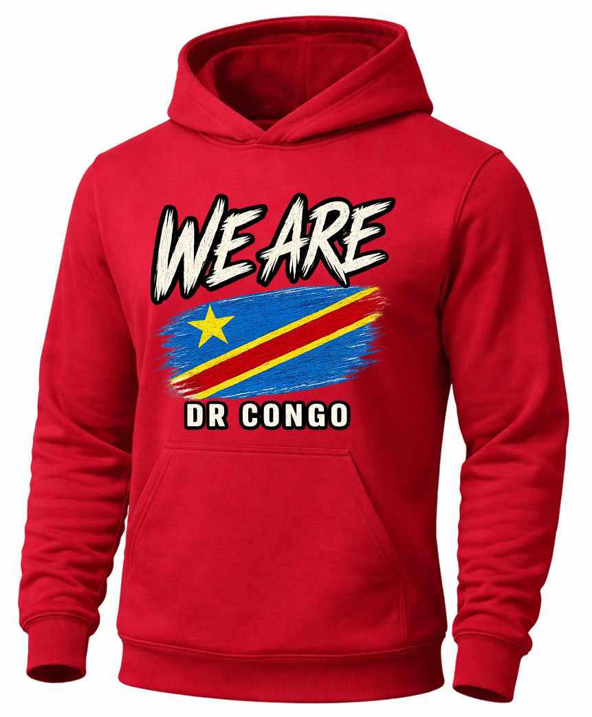 A red pullover hoodie featuring a graphic print on the front with the text 'WE ARE DR CONGO' and a stylized flag design in blue, red, yellow, and white.