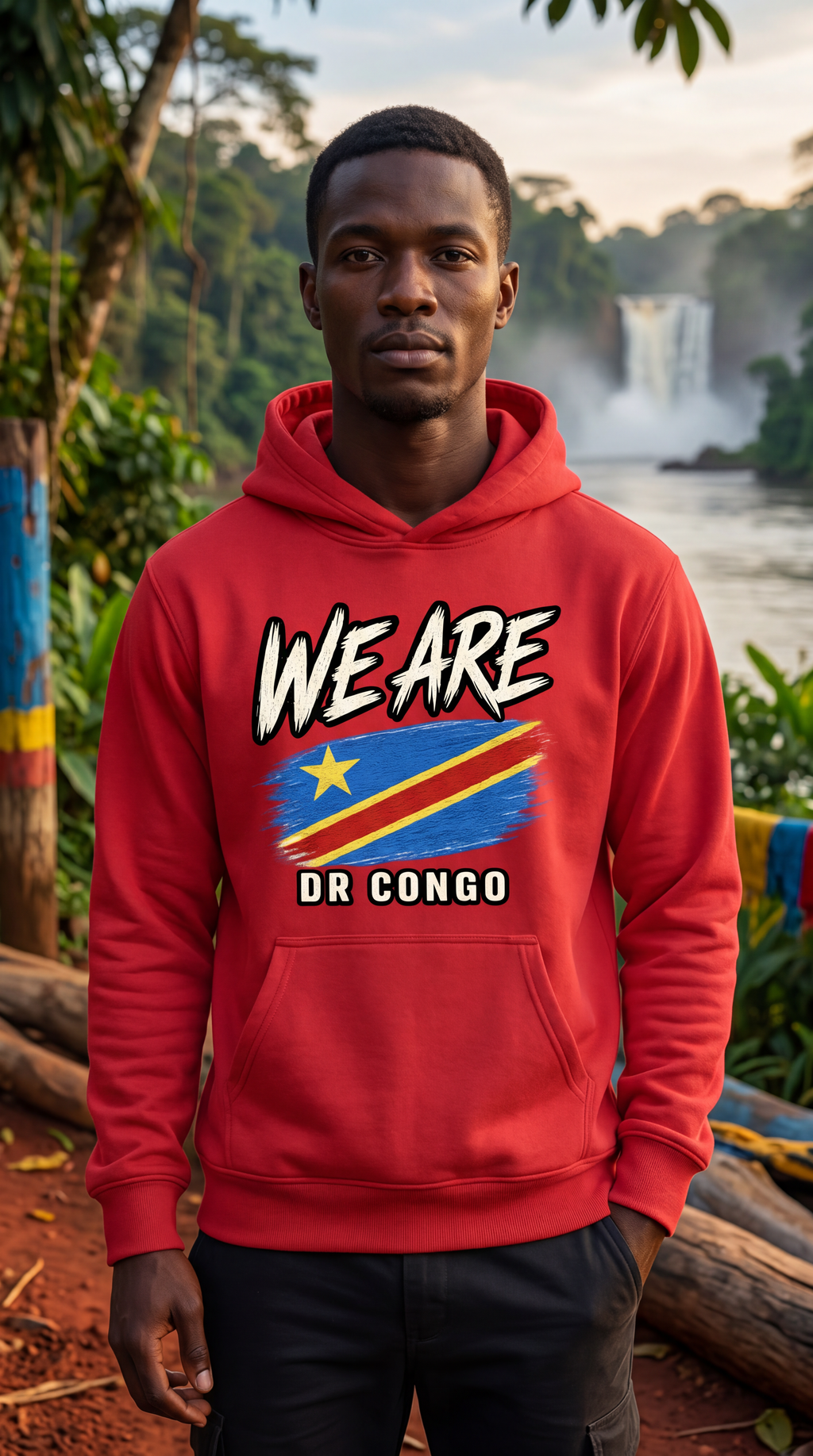 A man wearing a red hoodie with a graphic print that reads 'WE ARE DR CONGO' and features the Democratic Republic of Congo flag, standing outdoors in front of a waterfall and lush green forest.