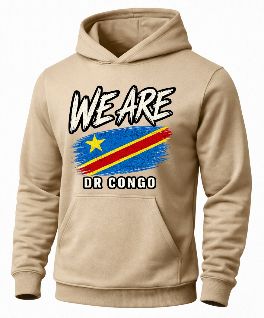 A beige pullover hoodie featuring a graphic print of the text 'WE ARE DR CONGO' above and below a stylized flag of the Democratic Republic of Congo, shown on a plain white background.